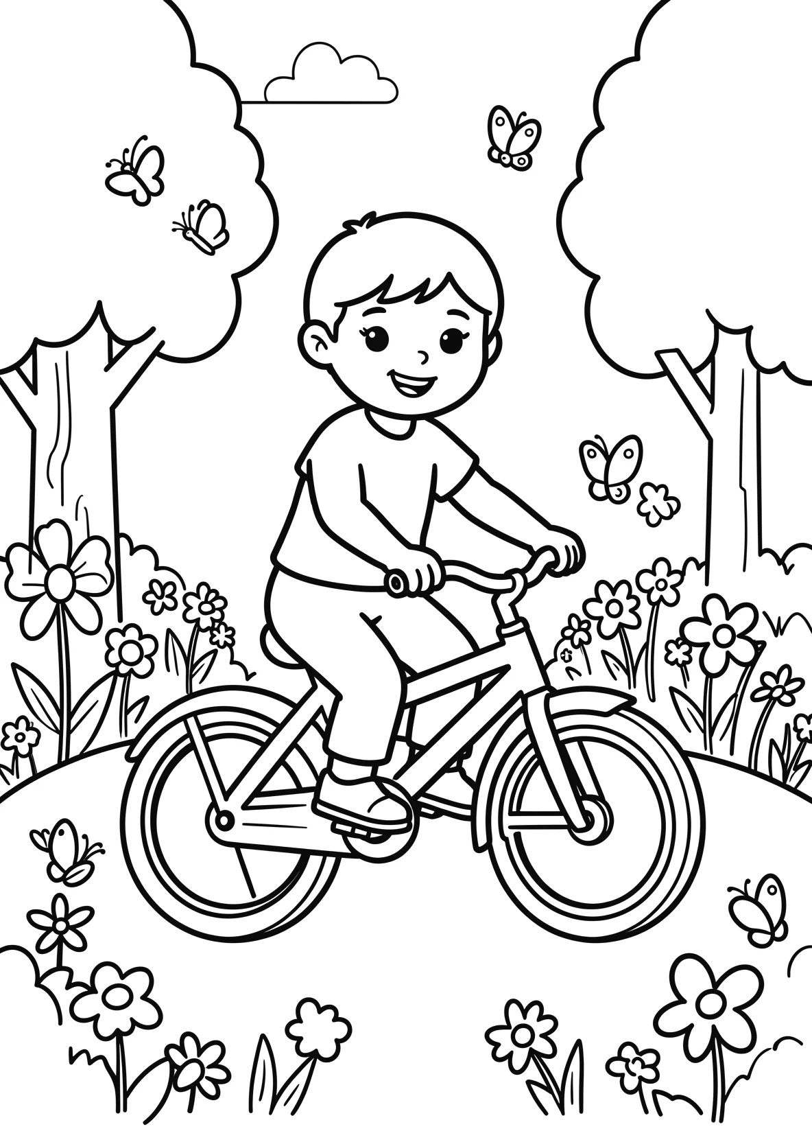 Ausmalbild Kind fährt Fahrrad durch einen Park mit Blumen - Ausmalbild aus der Kategorie Tiere - kostenlos ausdrucken