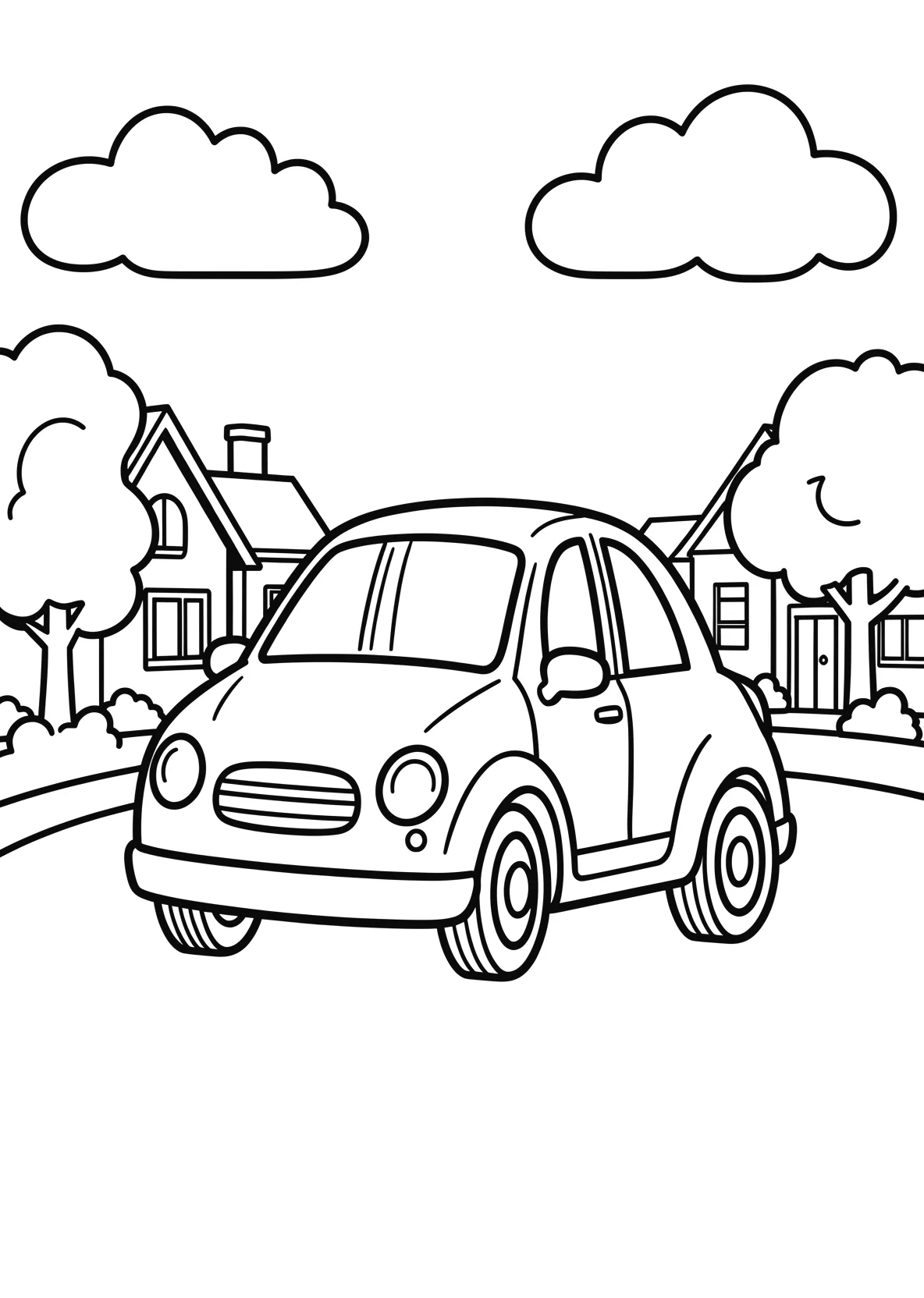 Ausmalbild Kleines Auto fährt über eine Straße mit Häusern - Ausmalbild aus der Kategorie Fahrzeuge - kostenlos ausdrucken