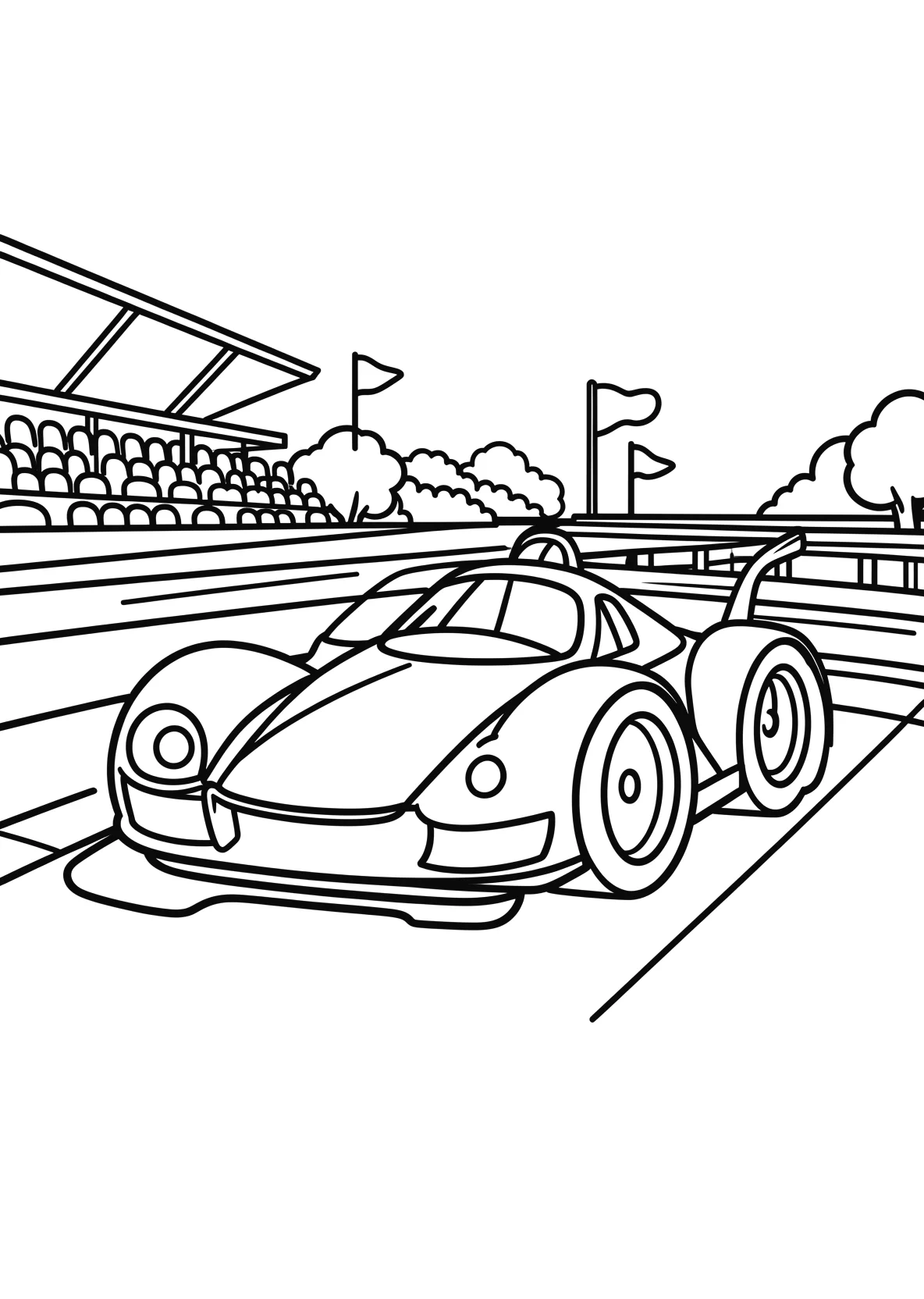 Ausmalbild Rennwagen fährt über eine Rennstrecke mit Tribüne - Ausmalbild aus der Kategorie Fahrzeuge - kostenlos ausdrucken