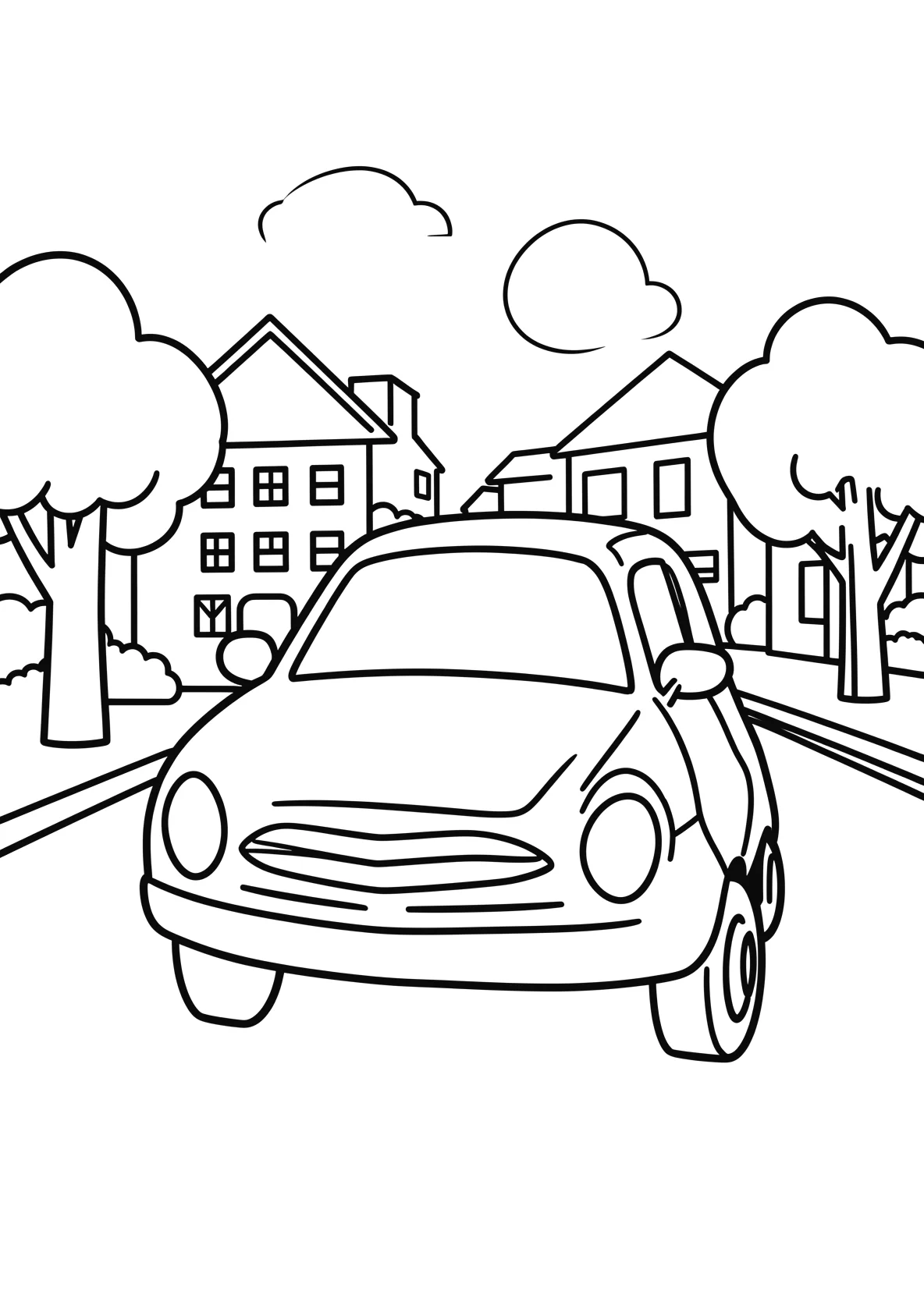 Ausmalbild Familienauto fährt über eine Straße mit Häusern - Ausmalbild aus der Kategorie Fahrzeuge - kostenlos ausdrucken