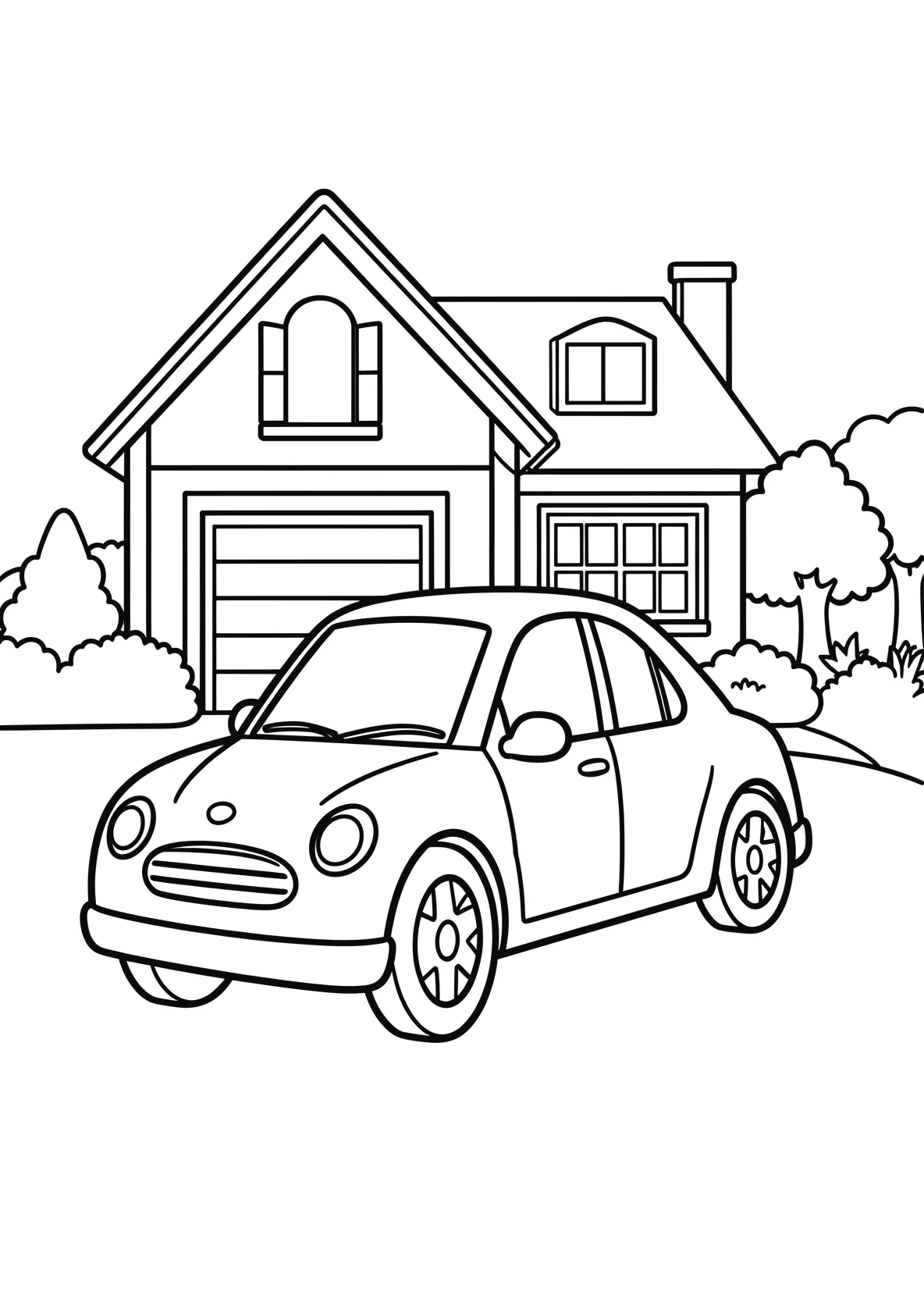 Ausmalbild Auto steht vor einem Haus mit Garage - Ausmalbild aus der Kategorie Fahrzeuge - kostenlos ausdrucken