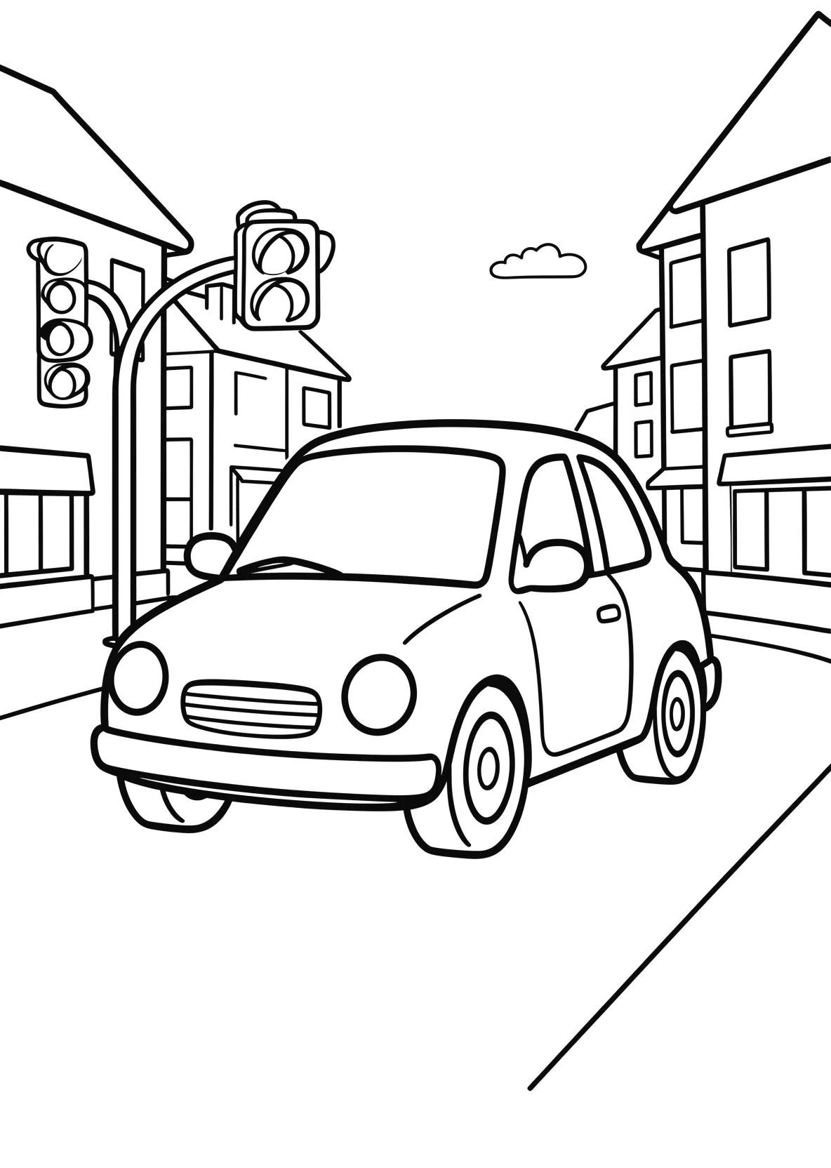 Ausmalbild Auto fährt durch eine Stadtstraße mit Ampel - Ausmalbild aus der Kategorie Fahrzeuge - kostenlos ausdrucken