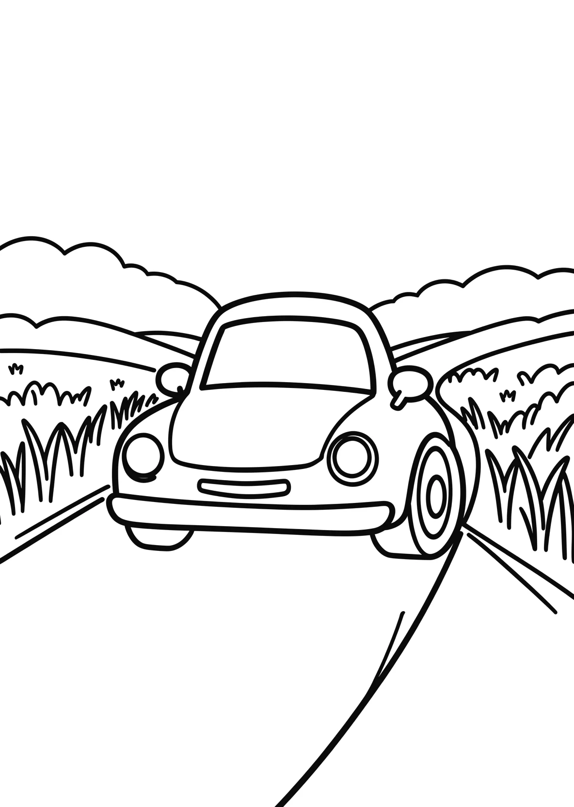 Ausmalbild Kleines Auto fährt über eine Landstraße mit - Ausmalbild aus der Kategorie Fahrzeuge - kostenlos ausdrucken