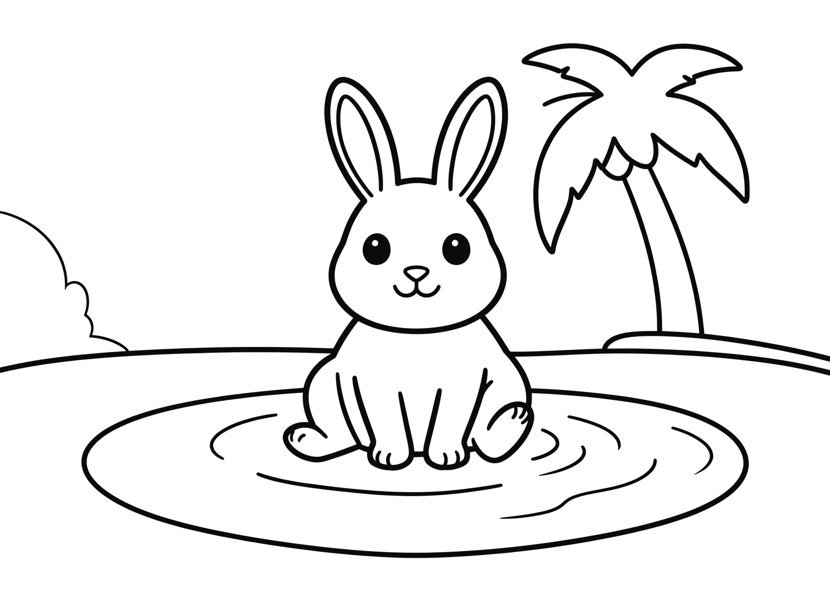 Ausmalbild Freundlicher Hase sitzt im Wasser am Strand mit - Ausmalbild aus der Kategorie Natur - kostenlos ausdrucken