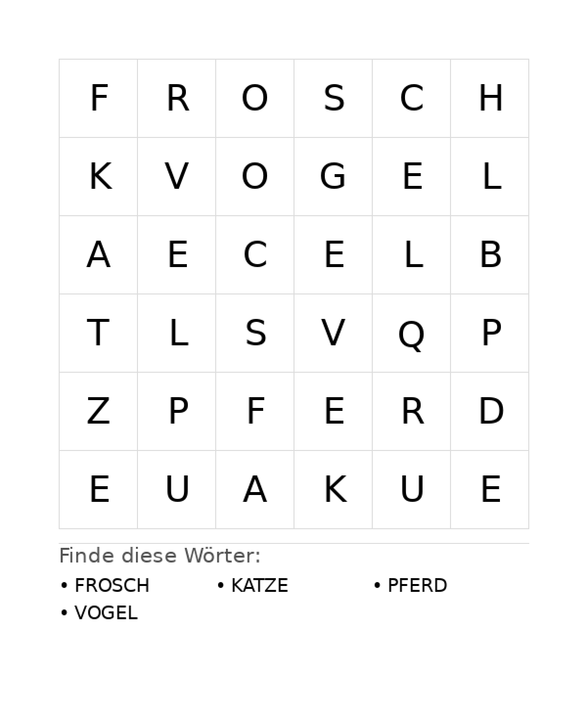 Wortsuchrätsel Wortsuchrätsel: Tiere für Kleinkinder aus der Kategorie Wortsuchrätsel - kostenlos ausdrucken