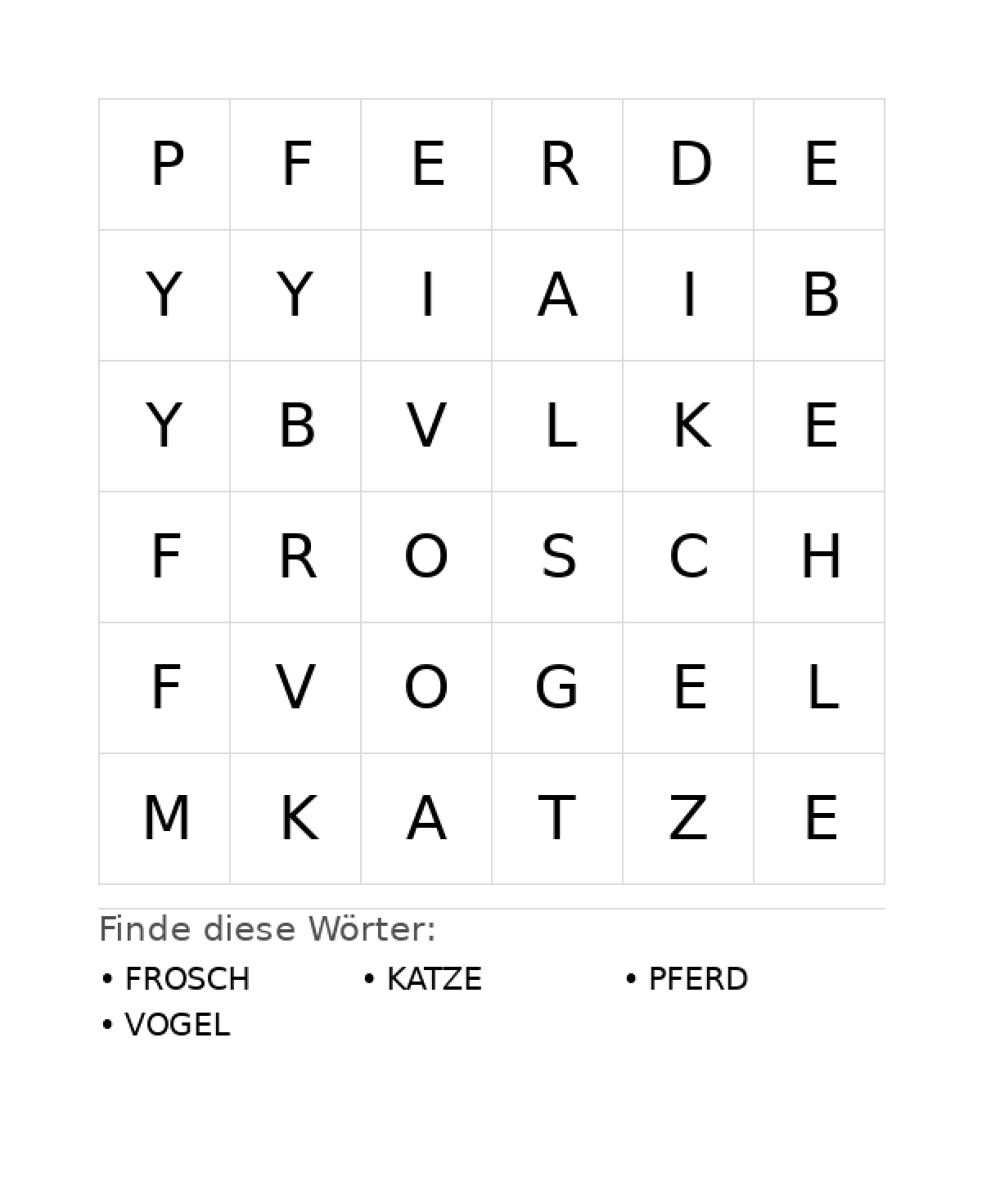 Wortsuchrätsel Wortsuchrätsel: Tiere für Kleinkinder aus der Kategorie Wortsuchrätsel - kostenlos ausdrucken