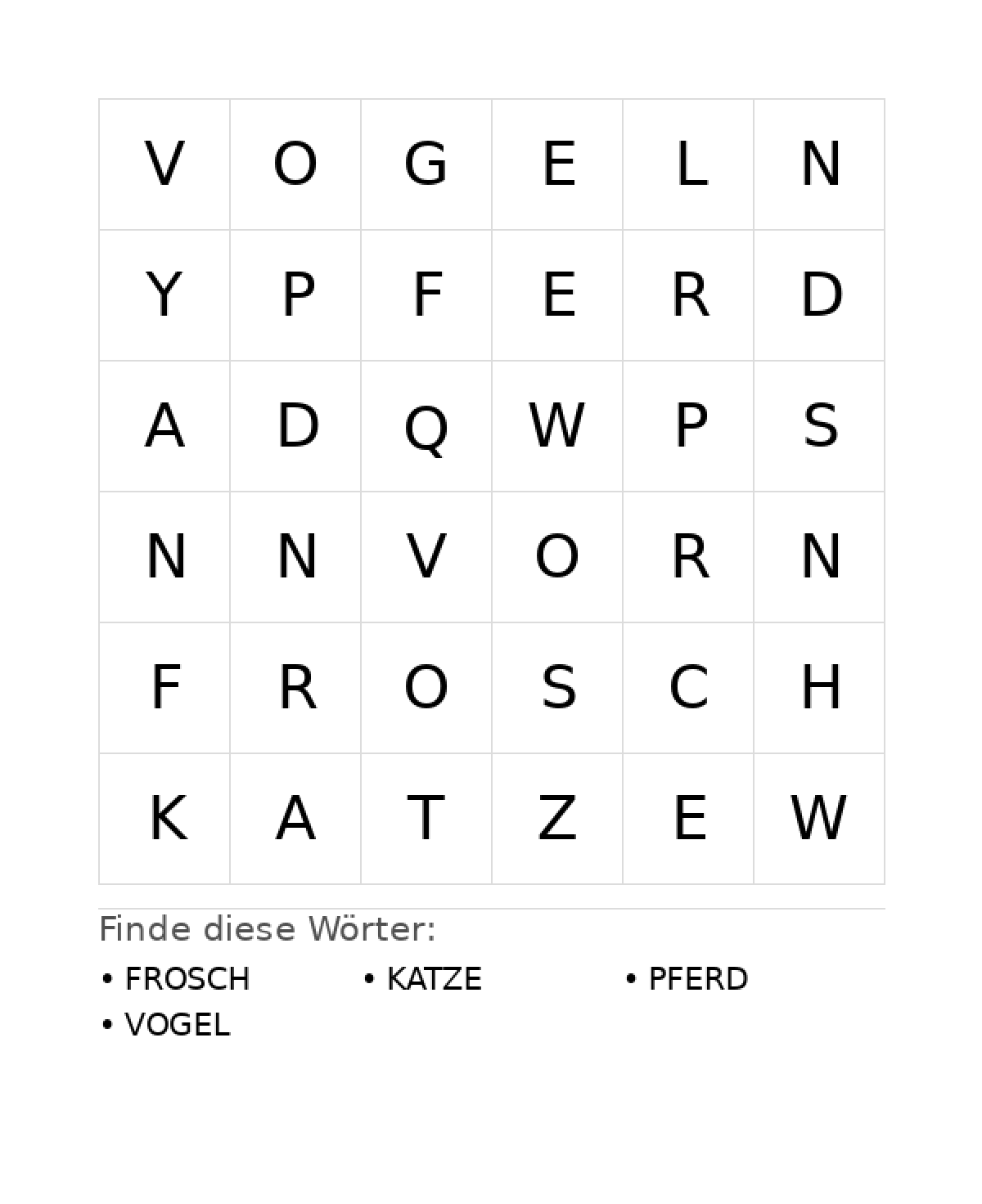 Wortsuchrätsel Wortsuchrätsel: Tiere für Kleinkinder aus der Kategorie Wortsuchrätsel - kostenlos ausdrucken