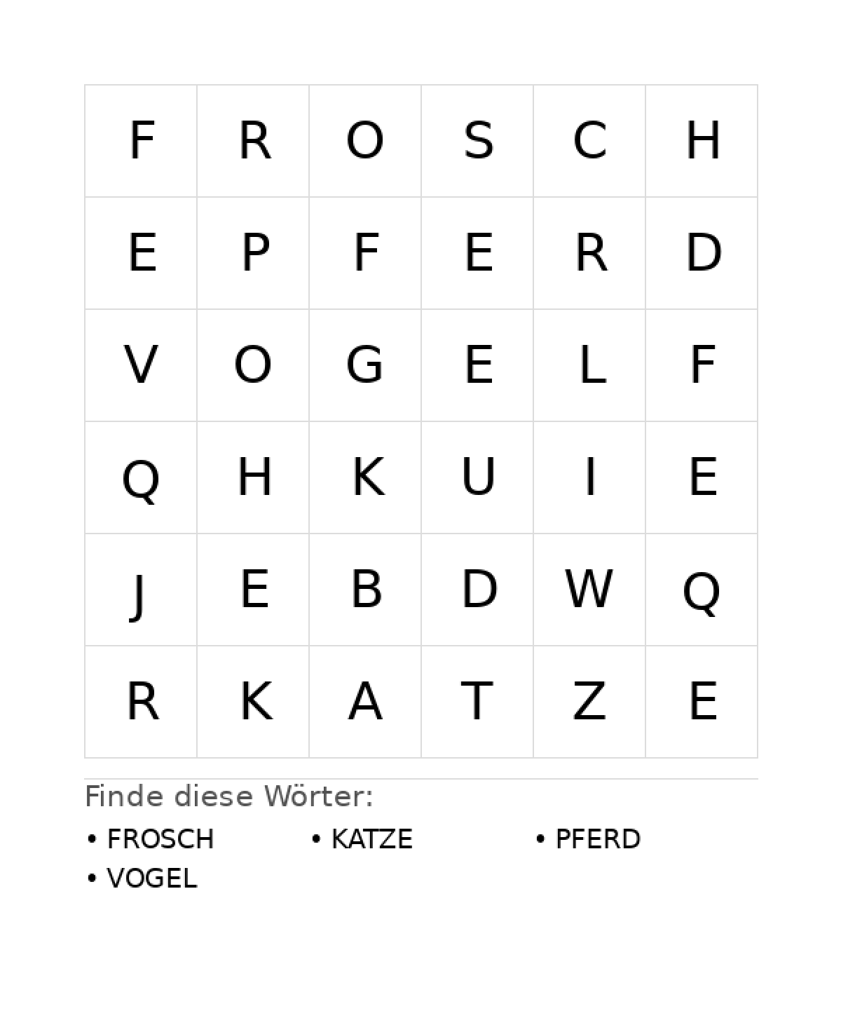 Wortsuchrätsel Wortsuchrätsel: Tiere für Kleinkinder aus der Kategorie Wortsuchrätsel - kostenlos ausdrucken