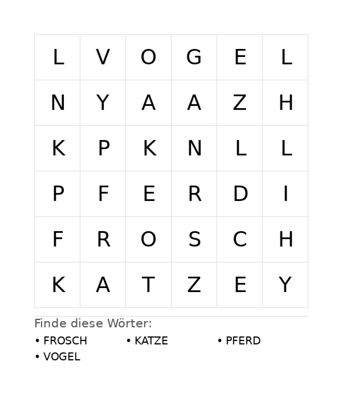 Wortsuchrätsel Wortsuchrätsel: Tiere für Kleinkinder aus der Kategorie Wortsuchrätsel - kostenlos ausdrucken