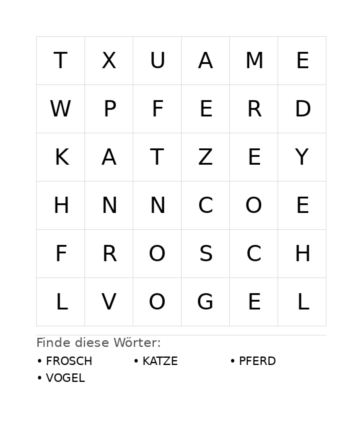 Wortsuchrätsel Wortsuchrätsel: Tiere für Kleinkinder aus der Kategorie Wortsuchrätsel - kostenlos ausdrucken