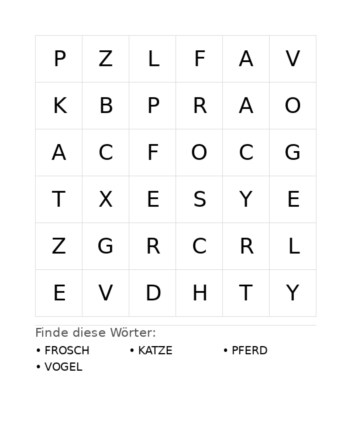 Wortsuchrätsel Wortsuchrätsel: Tiere für Kleinkinder aus der Kategorie Wortsuchrätsel - kostenlos ausdrucken