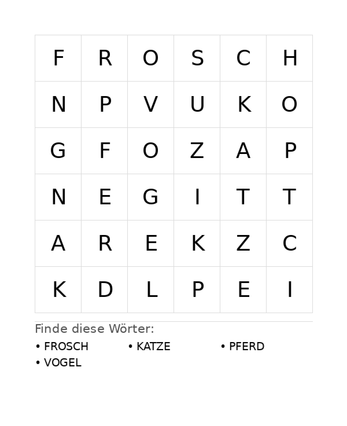 Wortsuchrätsel Wortsuchrätsel: Tiere für Kleinkinder aus der Kategorie Wortsuchrätsel - kostenlos ausdrucken