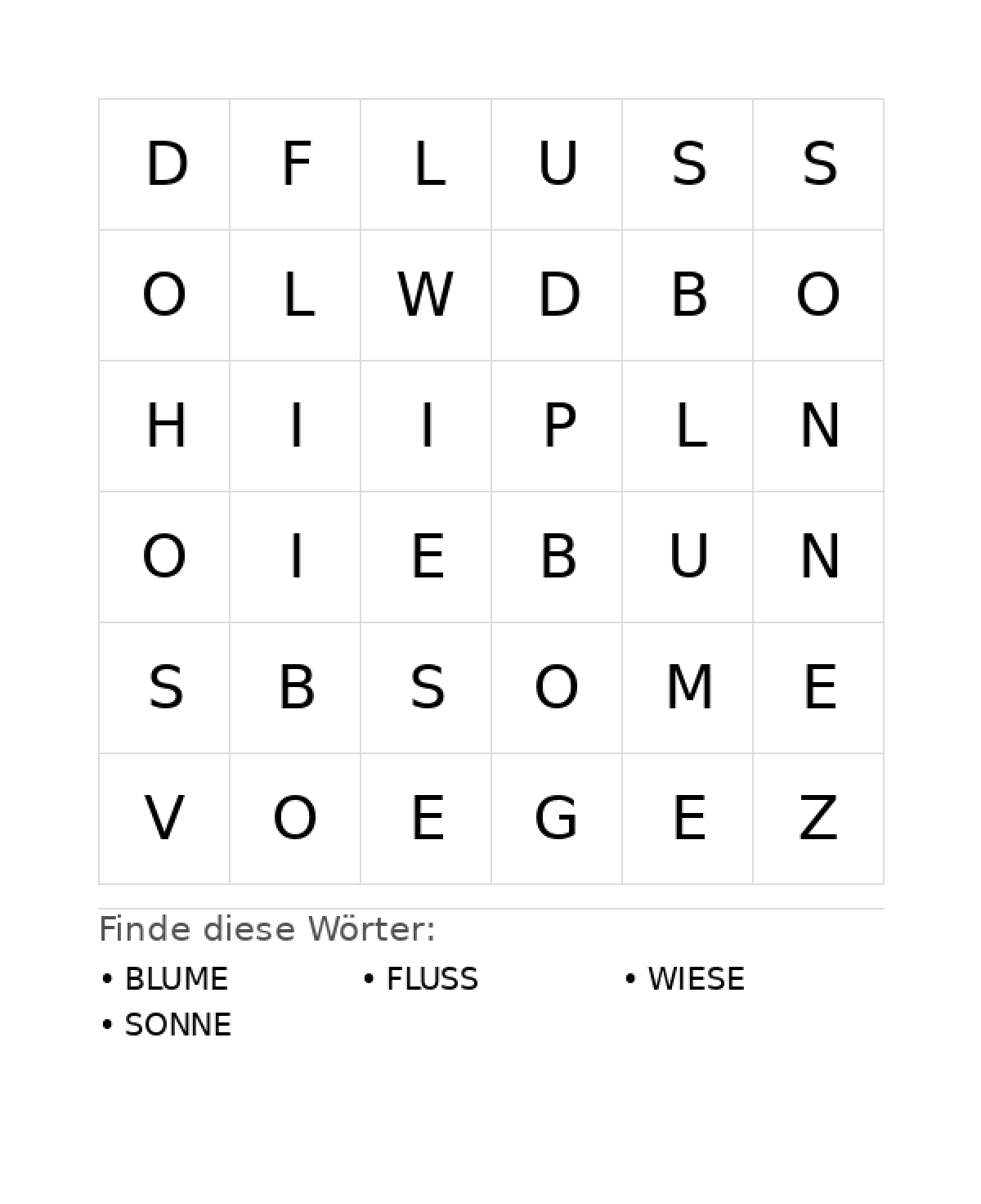 Wortsuchrätsel Wortsuchrätsel: Natur für Kleinkinder aus der Kategorie Wortsuchrätsel - kostenlos ausdrucken