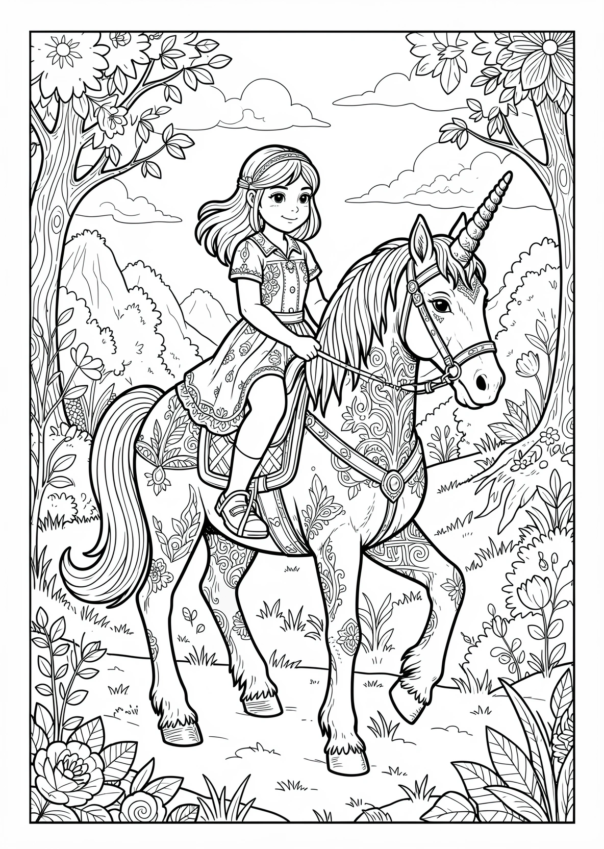 Ausmalbild Mädchen das auf einem Einhorn reitet - Ausmalbild aus der Kategorie Tiere - kostenlos ausdrucken