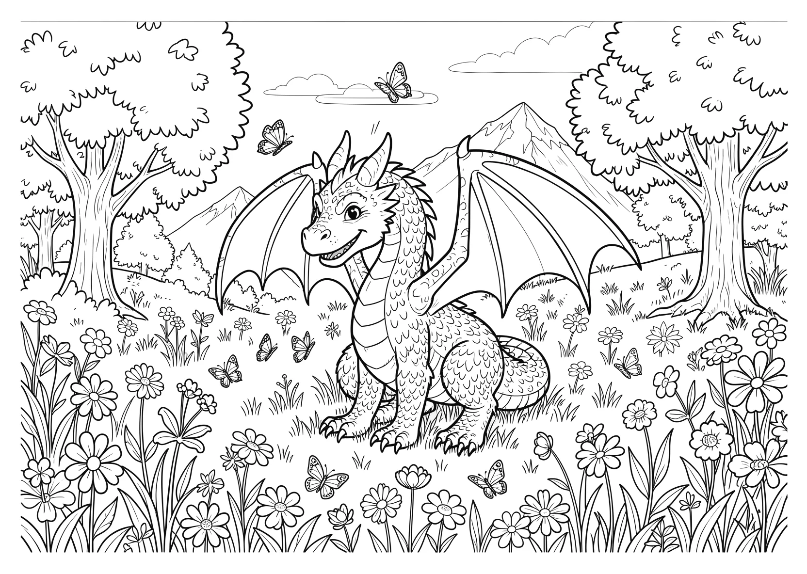 Ausmalbild Freundlicher Drache spielt auf einer Blumenwiese - Ausmalbild aus der Kategorie Tiere - kostenlos ausdrucken