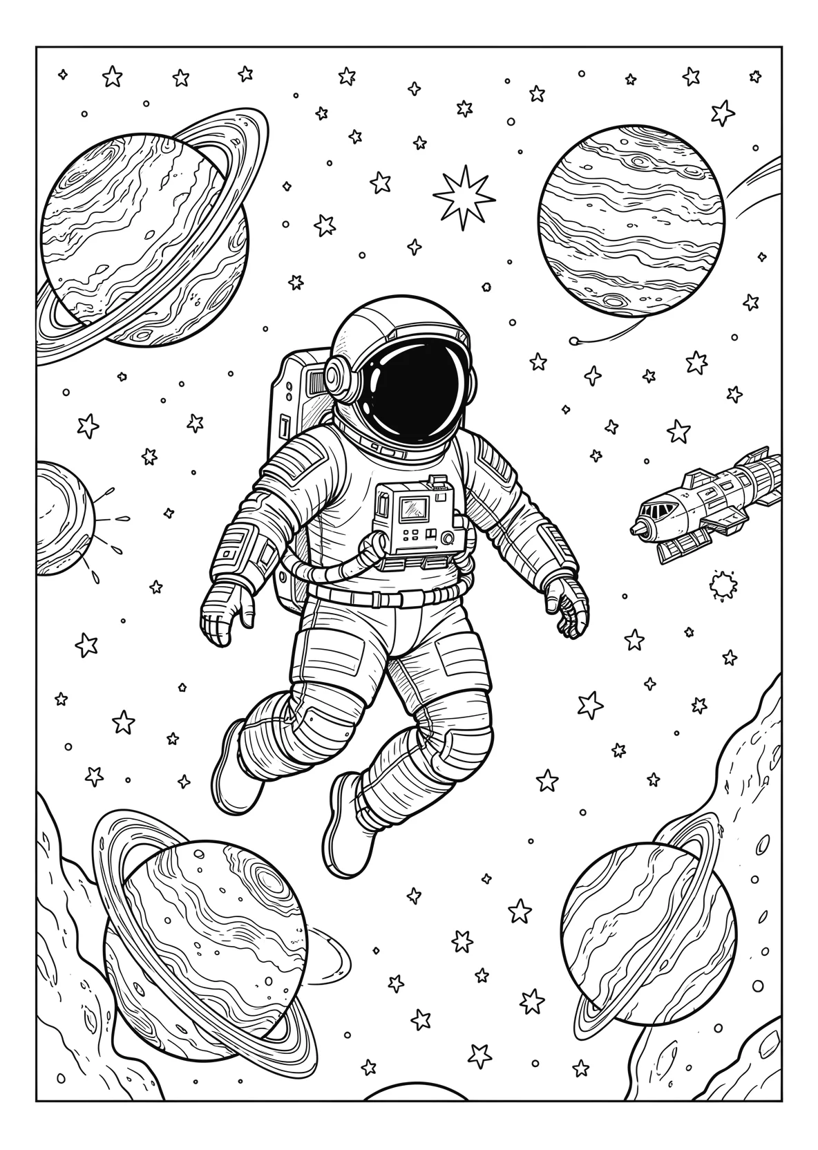 Ausmalbild Astronaut schwebt im Weltraum zwischen Planeten - Ausmalbild aus der Kategorie Fahrzeuge - kostenlos ausdrucken