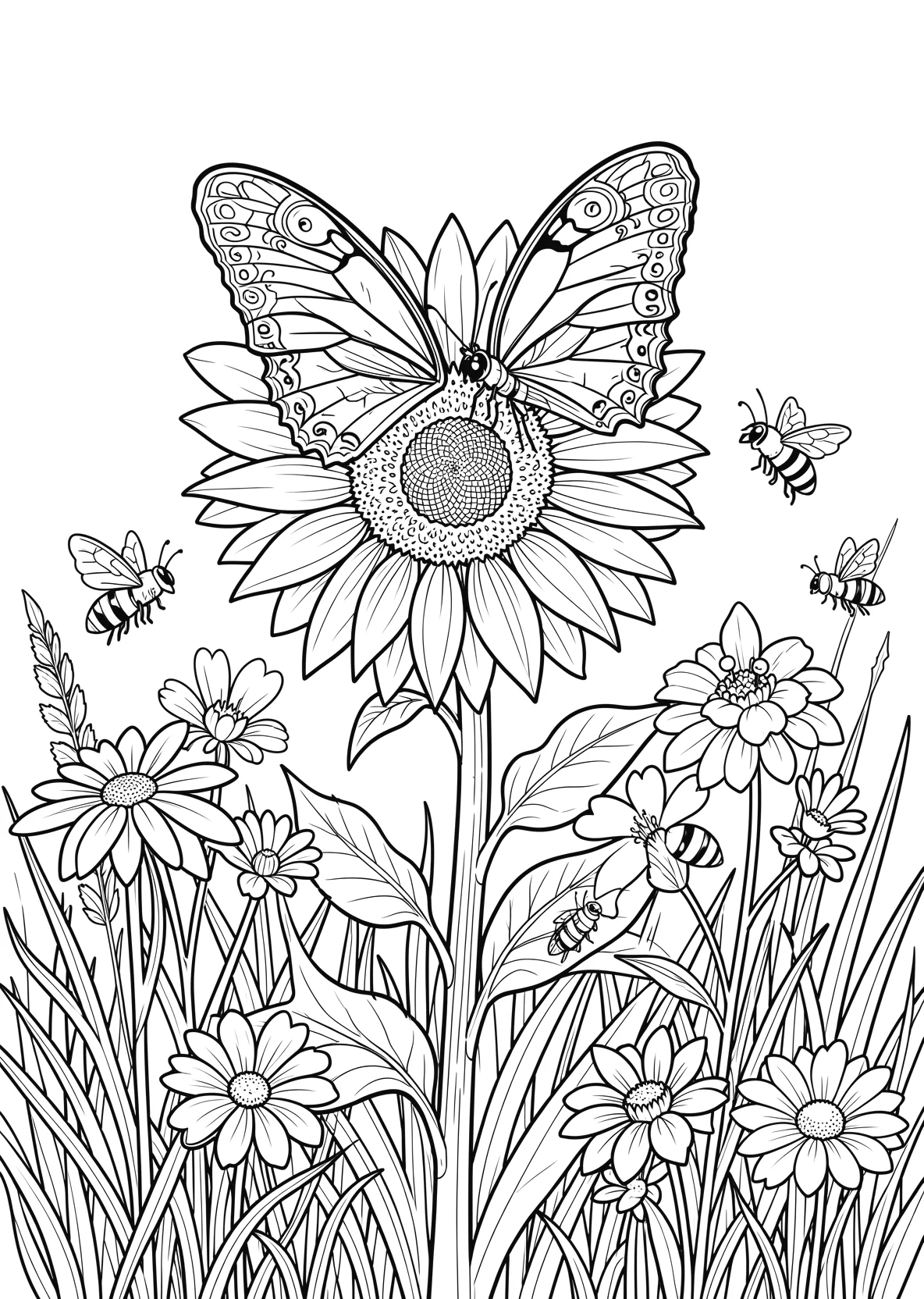 Ausmalbild Schmetterling sitzt auf einer großen Sonnenblume - Ausmalbild aus der Kategorie Natur - kostenlos ausdrucken