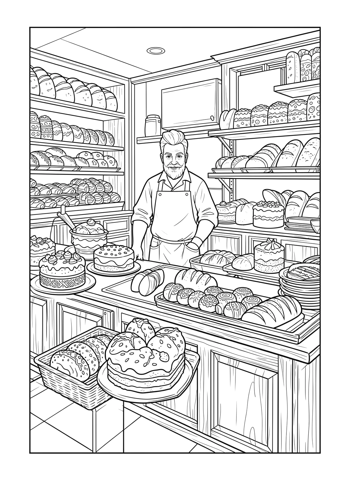 Ausmalbild Bäckerei mit Kuchen - Ausmalbild aus der Kategorie Essen - kostenlos ausdrucken