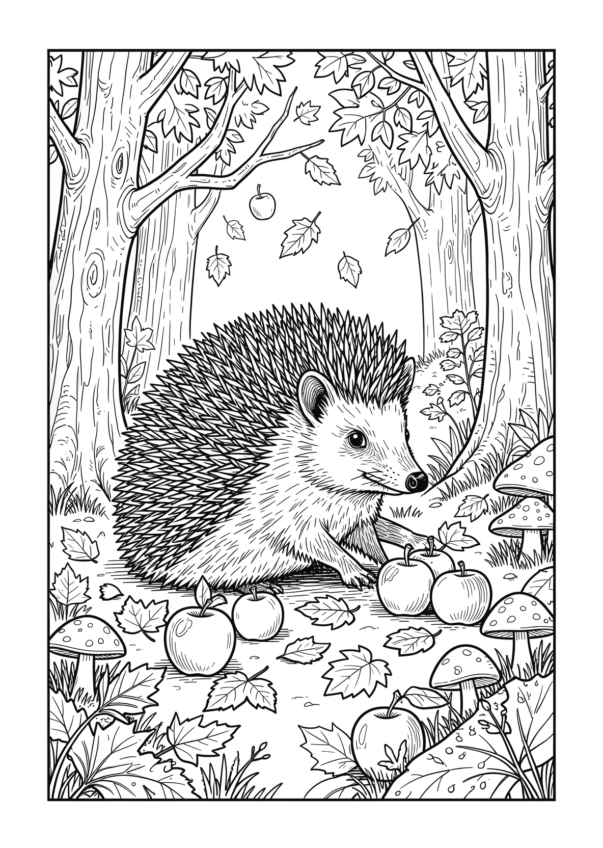 Ausmalbild Igel sammelt Äpfel im Herbstwald mit fallenden - Ausmalbild aus der Kategorie Natur - kostenlos ausdrucken