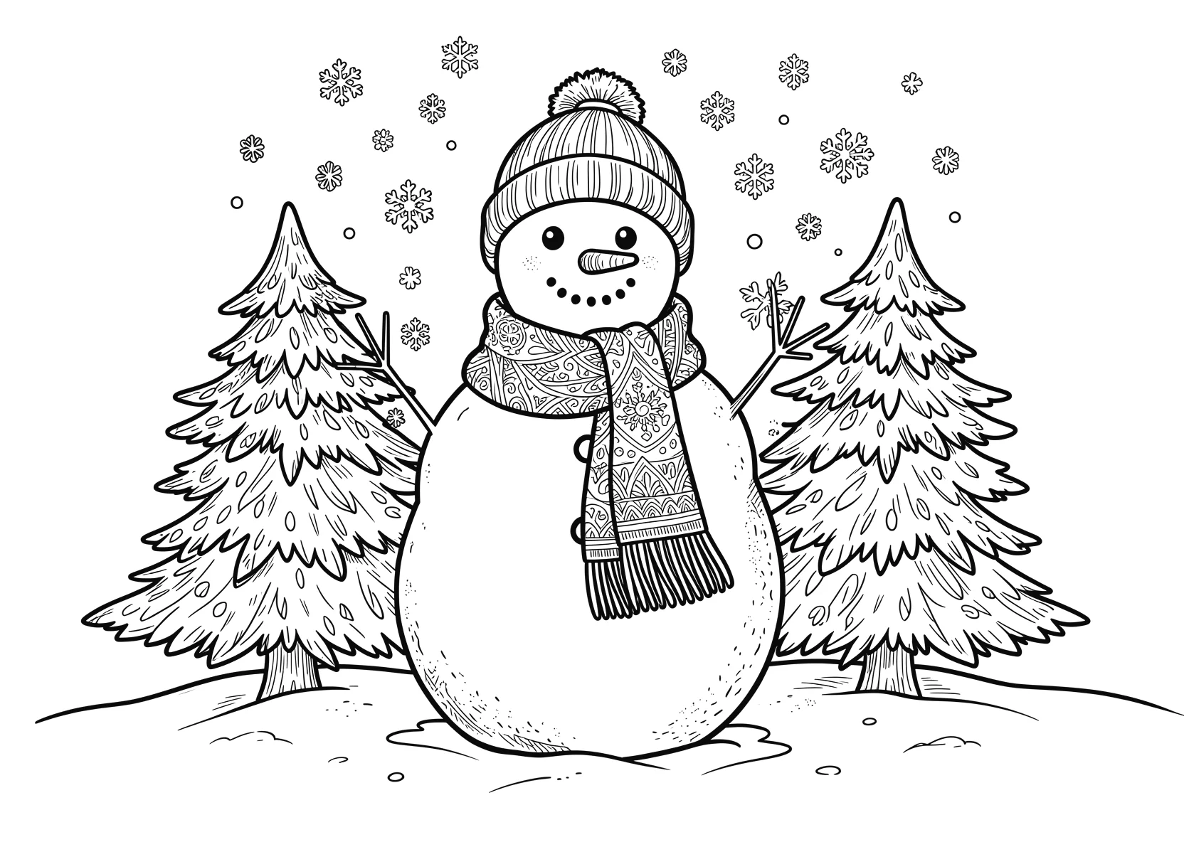 Ausmalbild Schneemann mit Schal - Ausmalbild aus der Kategorie Natur - kostenlos ausdrucken