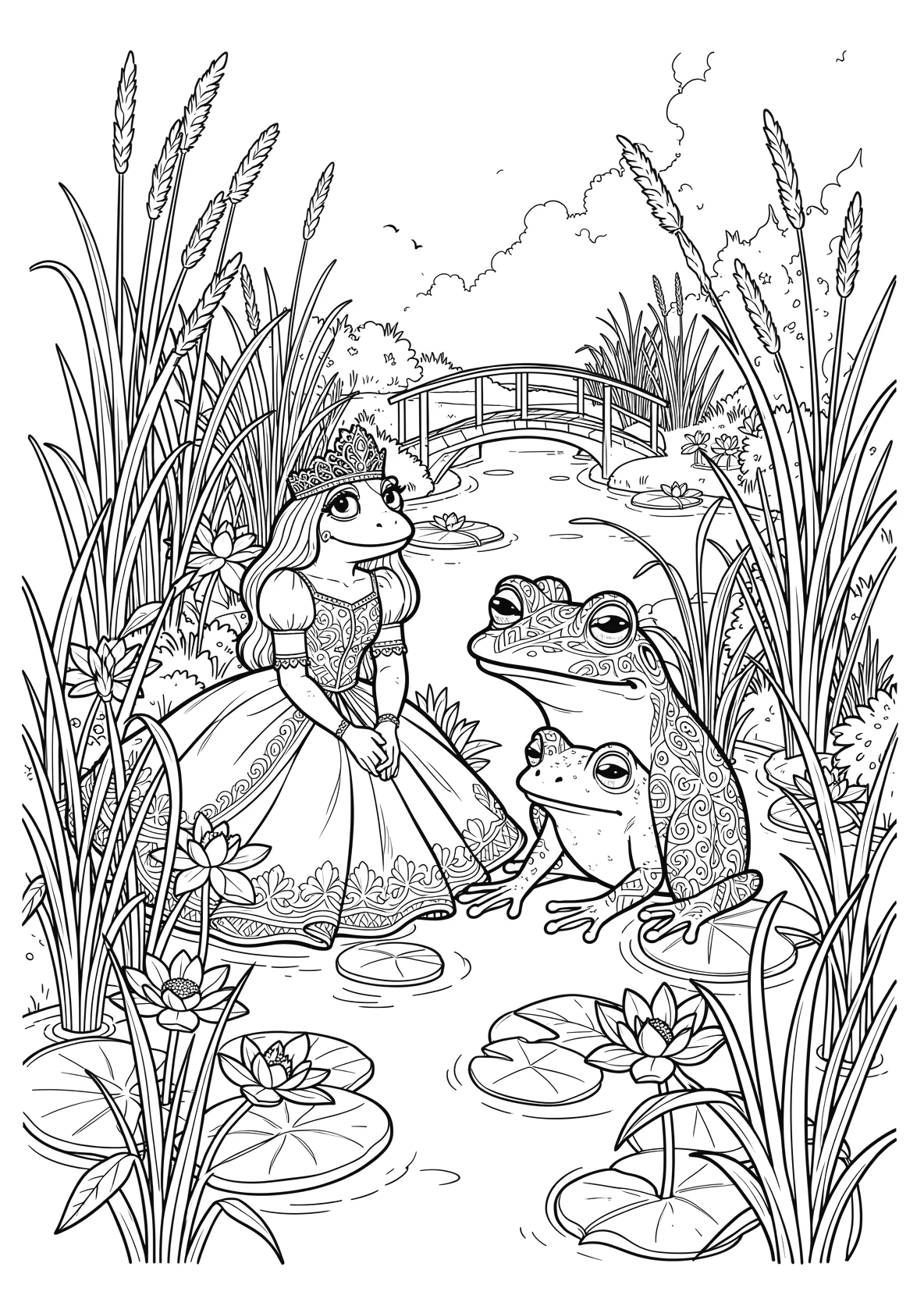 Ausmalbild Prinzessin und ein Frosch sitzen am Teich mit - Ausmalbild aus der Kategorie Maerchen - kostenlos ausdrucken