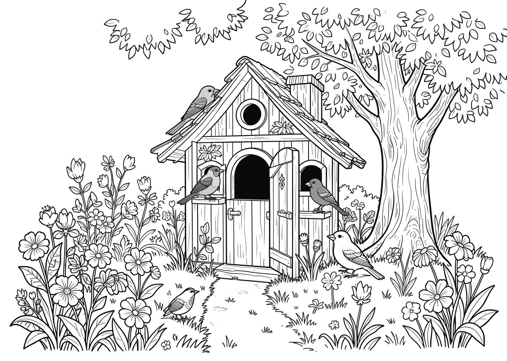 Ausmalbild Vogelhäuschen im Garten mit bunten Vögeln - Ausmalbild aus der Kategorie Natur - kostenlos ausdrucken