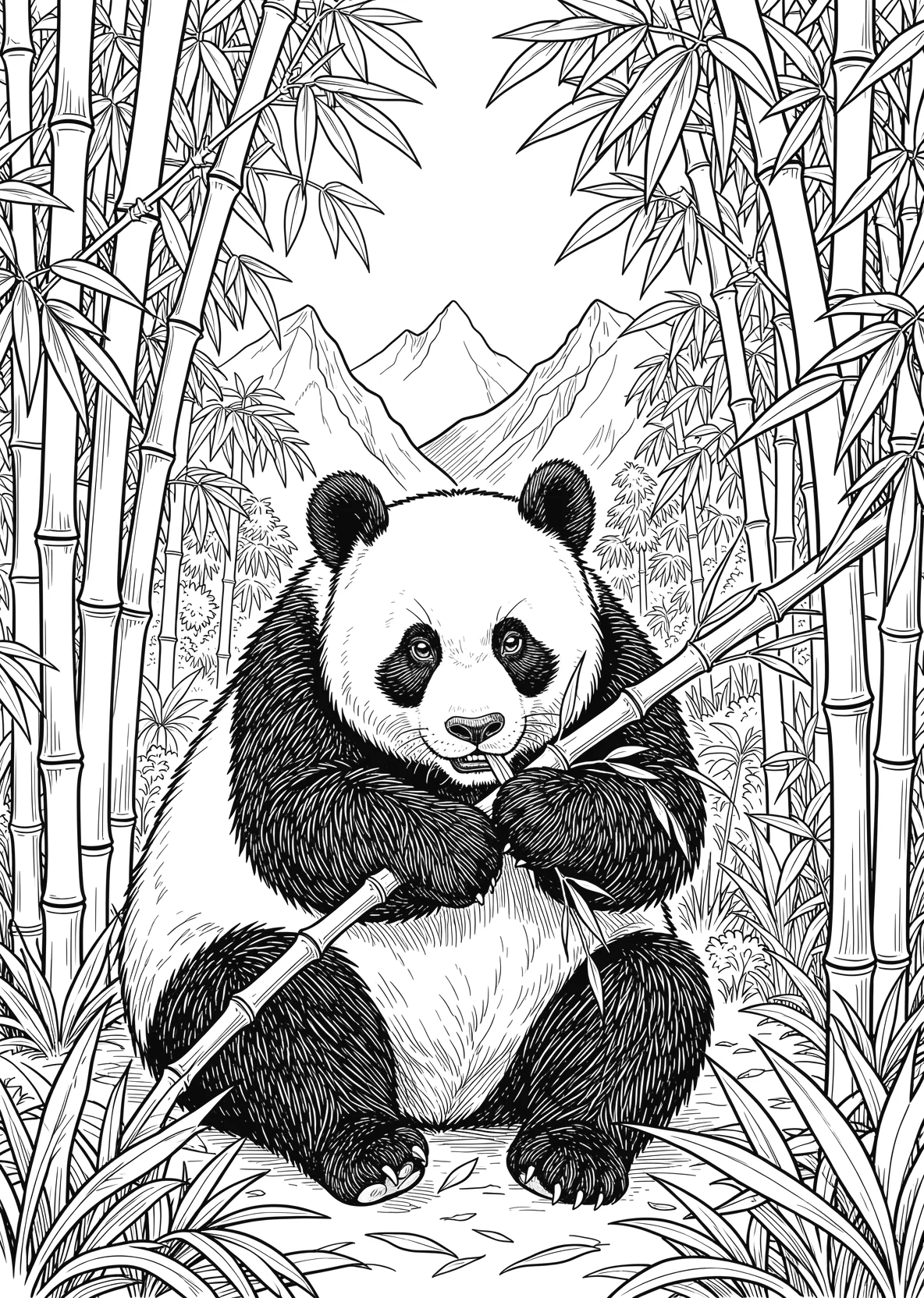 Ausmalbild Pandabär frisst Bambus im Bambuswald mit Bergen - Ausmalbild aus der Kategorie Tiere - kostenlos ausdrucken