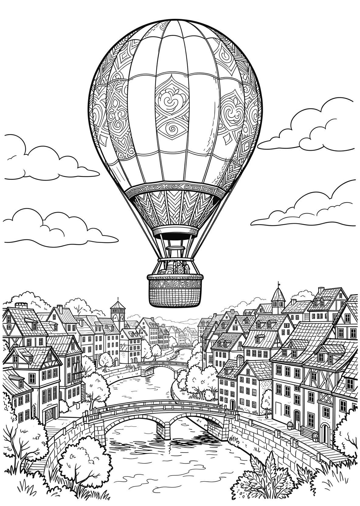 Ausmalbild Heißluftballon fliegt über eine Stadt mit Häusern - Ausmalbild aus der Kategorie Fahrzeuge - kostenlos ausdrucken