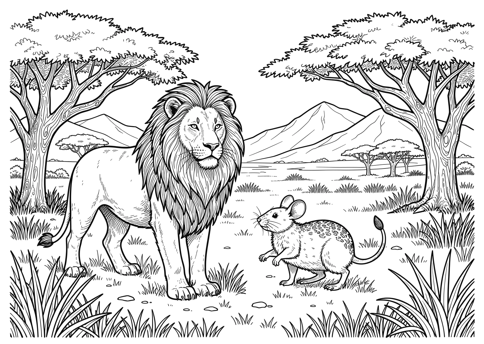 Ausmalbild Löwe und eine Maus als Freunde in - Ausmalbild aus der Kategorie Tiere - kostenlos ausdrucken