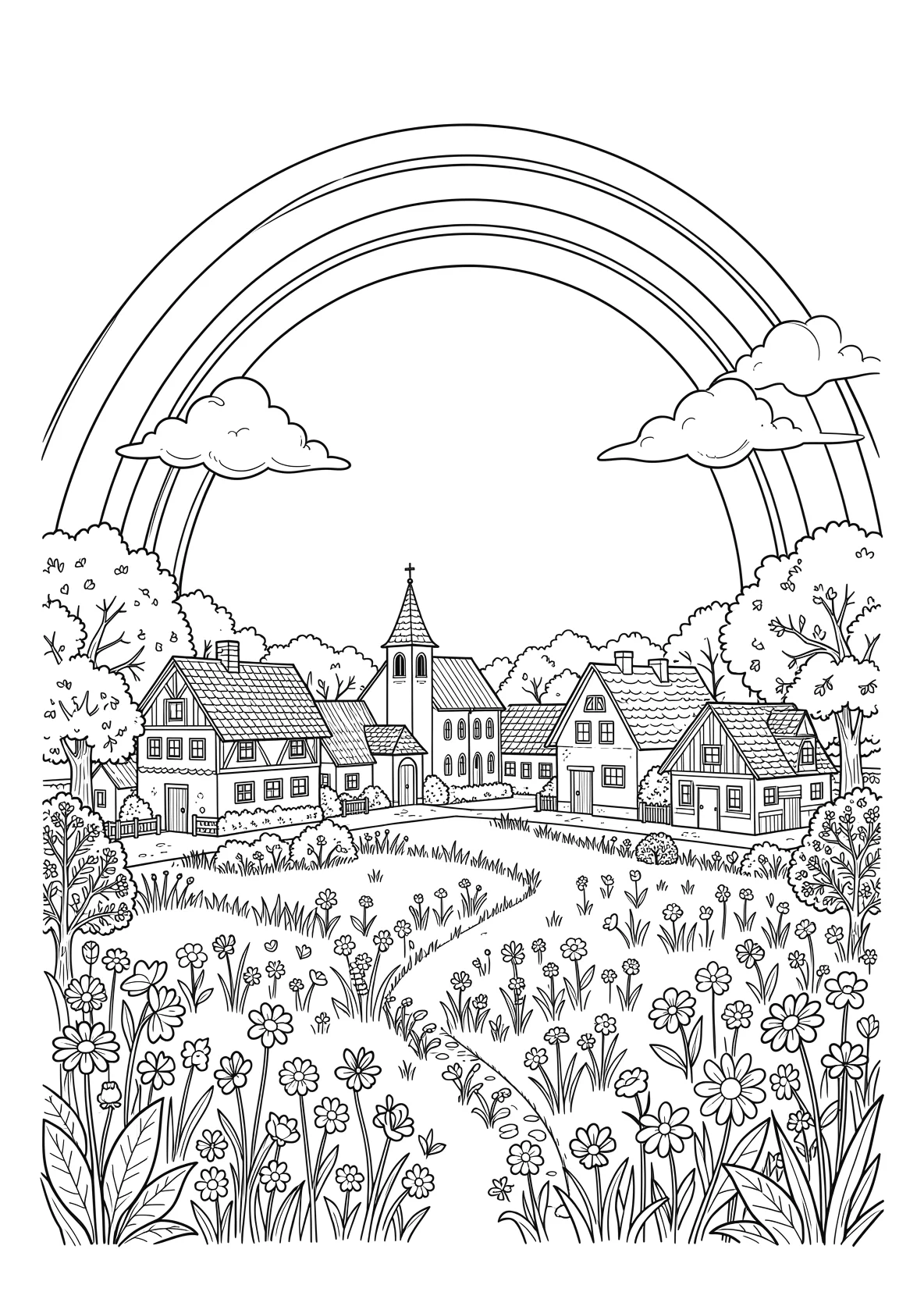 Ausmalbild Regenbogen über einem kleinen Dorf mit Kirche - Ausmalbild aus der Kategorie Natur - kostenlos ausdrucken