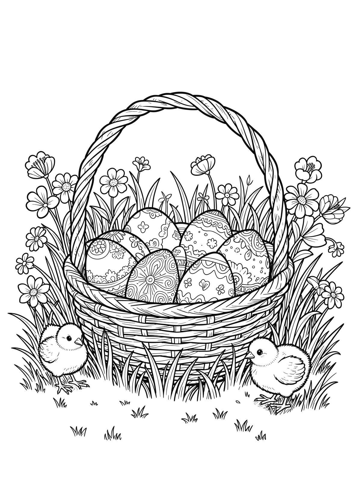 Ausmalbild Korb voller Ostereier im Garten mit Blumen - Ausmalbild aus der Kategorie Feiertage - kostenlos ausdrucken