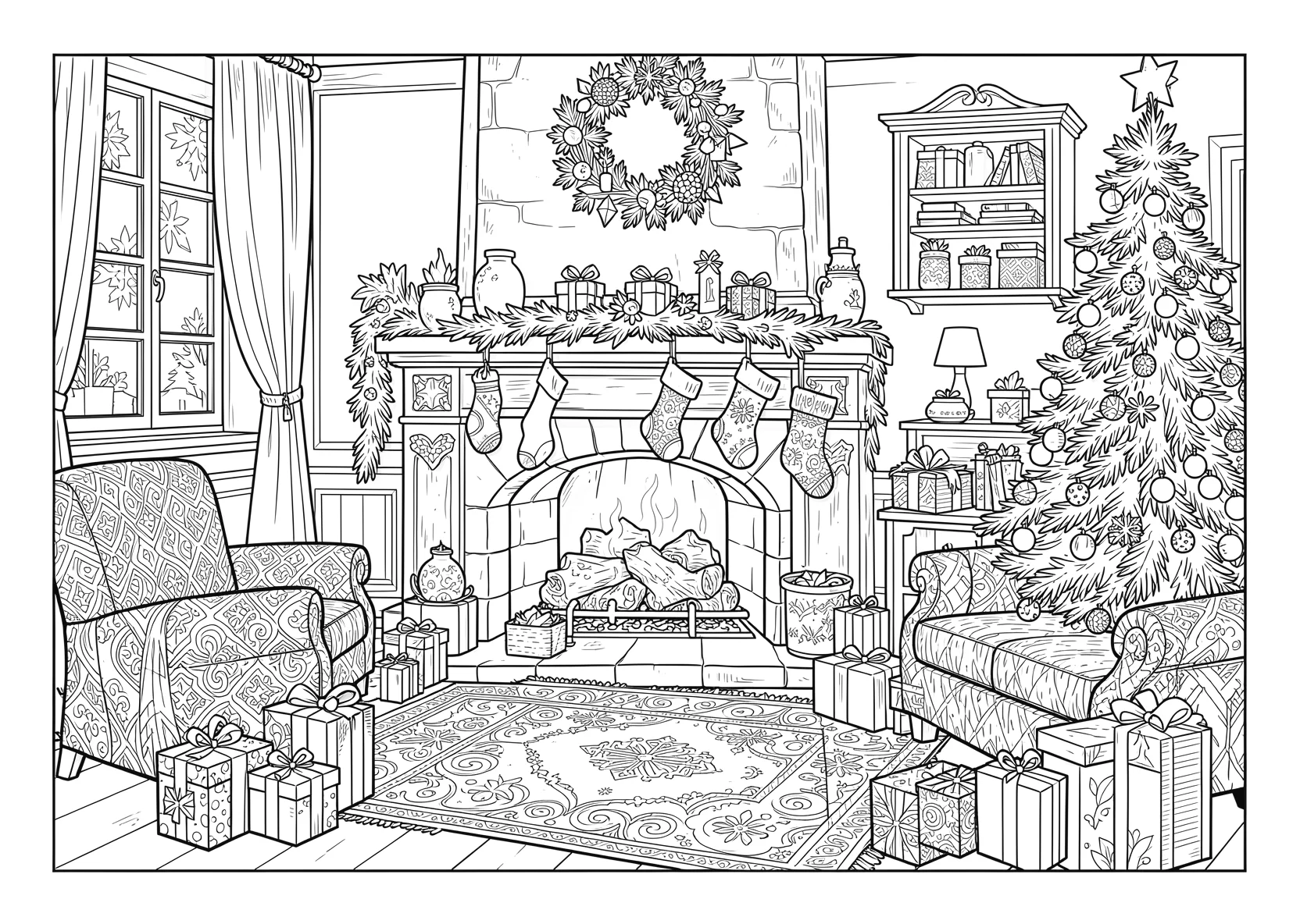 Ausmalbild Gemütliche Weihnachtsstube mit Kamin - Ausmalbild aus der Kategorie Feiertage - kostenlos ausdrucken
