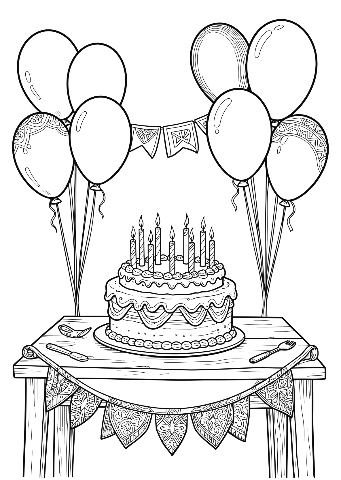 Ausmalbild Geburtstagskuchen mit Kerzen auf einem Tisch mit - Ausmalbild aus der Kategorie Feiertage - kostenlos ausdrucken