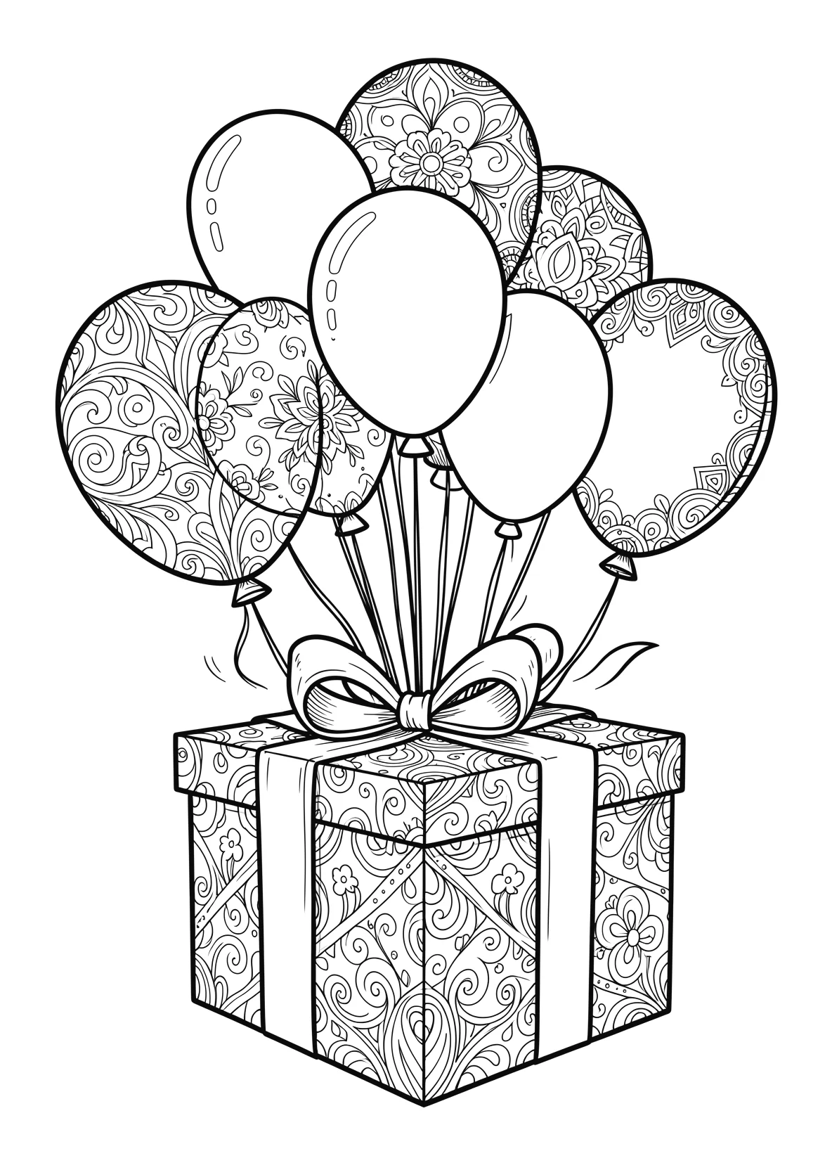 Ausmalbild Geburtstagsgeschenk mit Schleife neben Luftballons - Ausmalbild aus der Kategorie Feiertage - kostenlos ausdrucken