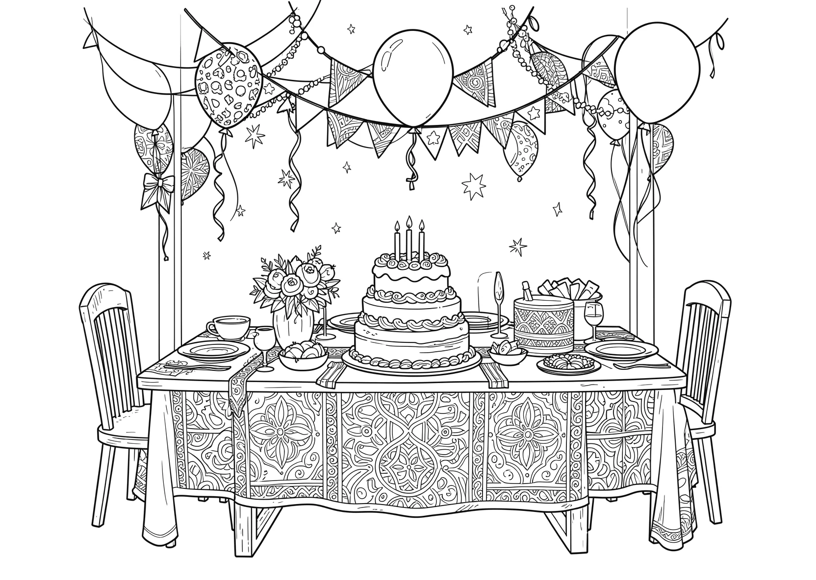 Ausmalbild Geburtstagsparty mit Tisch - Ausmalbild aus der Kategorie Feiertage - kostenlos ausdrucken