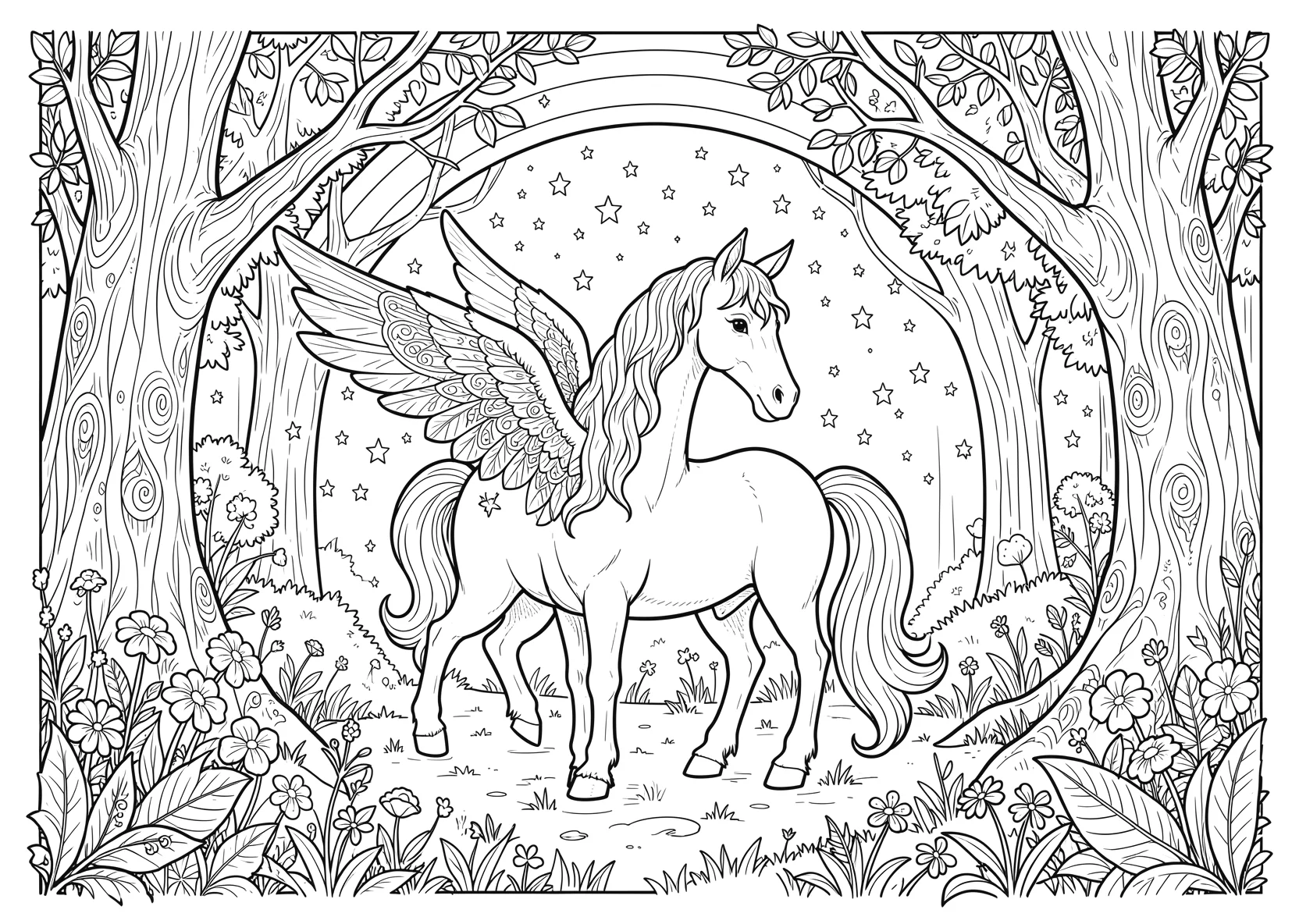 Ausmalbild Einhorn im Zauberwald mit Sternen - Ausmalbild aus der Kategorie Maerchen - kostenlos ausdrucken