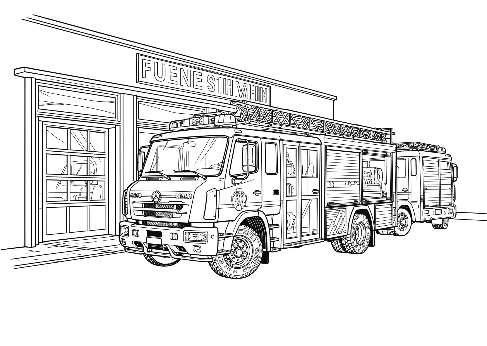 Ausmalbild Feuerwehrauto vor einer Feuerwehrstation - Ausmalbild aus der Kategorie Fahrzeuge - kostenlos ausdrucken