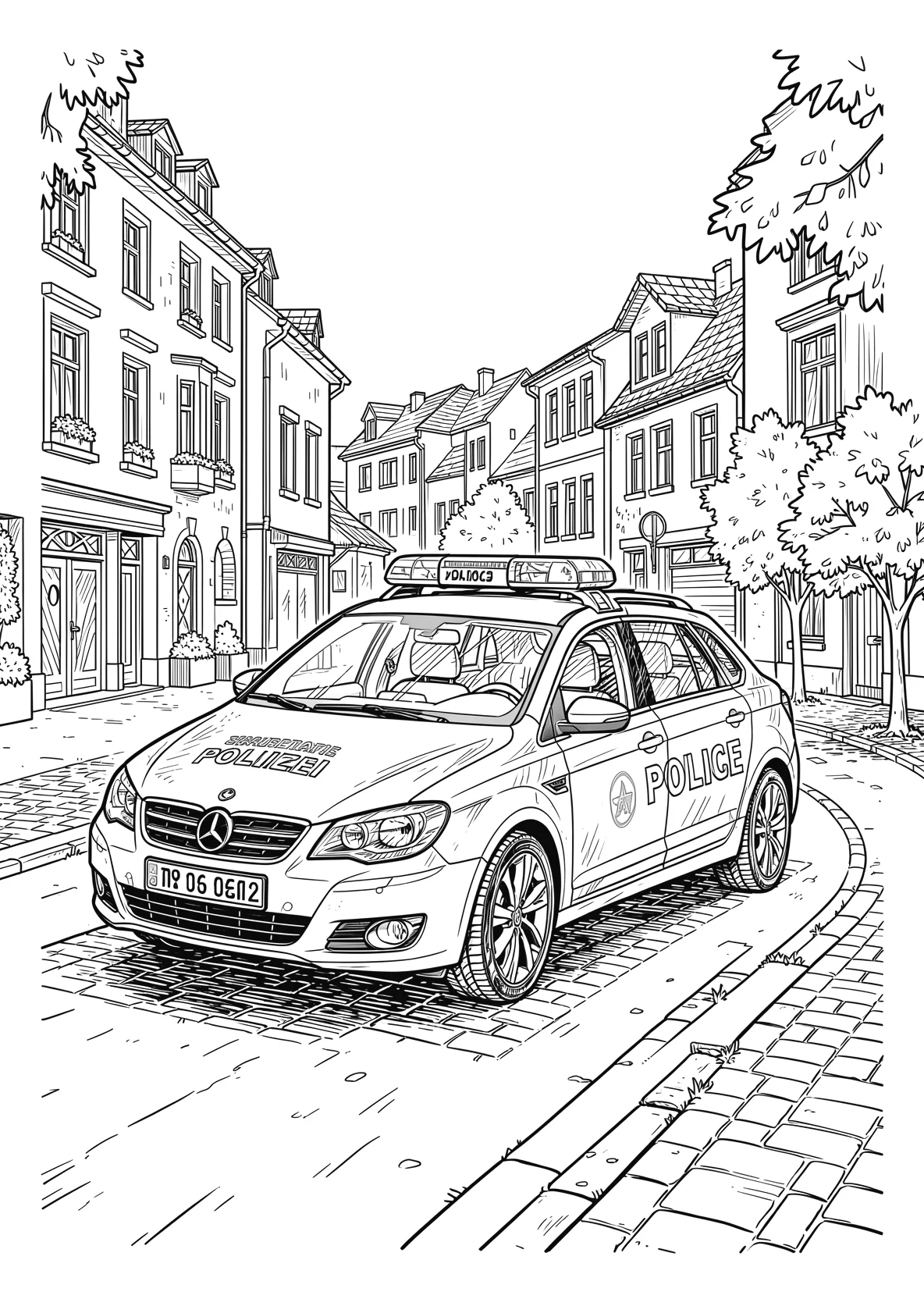 Ausmalbild Polizeiauto auf einer Straße mit Häusern - Ausmalbild aus der Kategorie Fahrzeuge - kostenlos ausdrucken