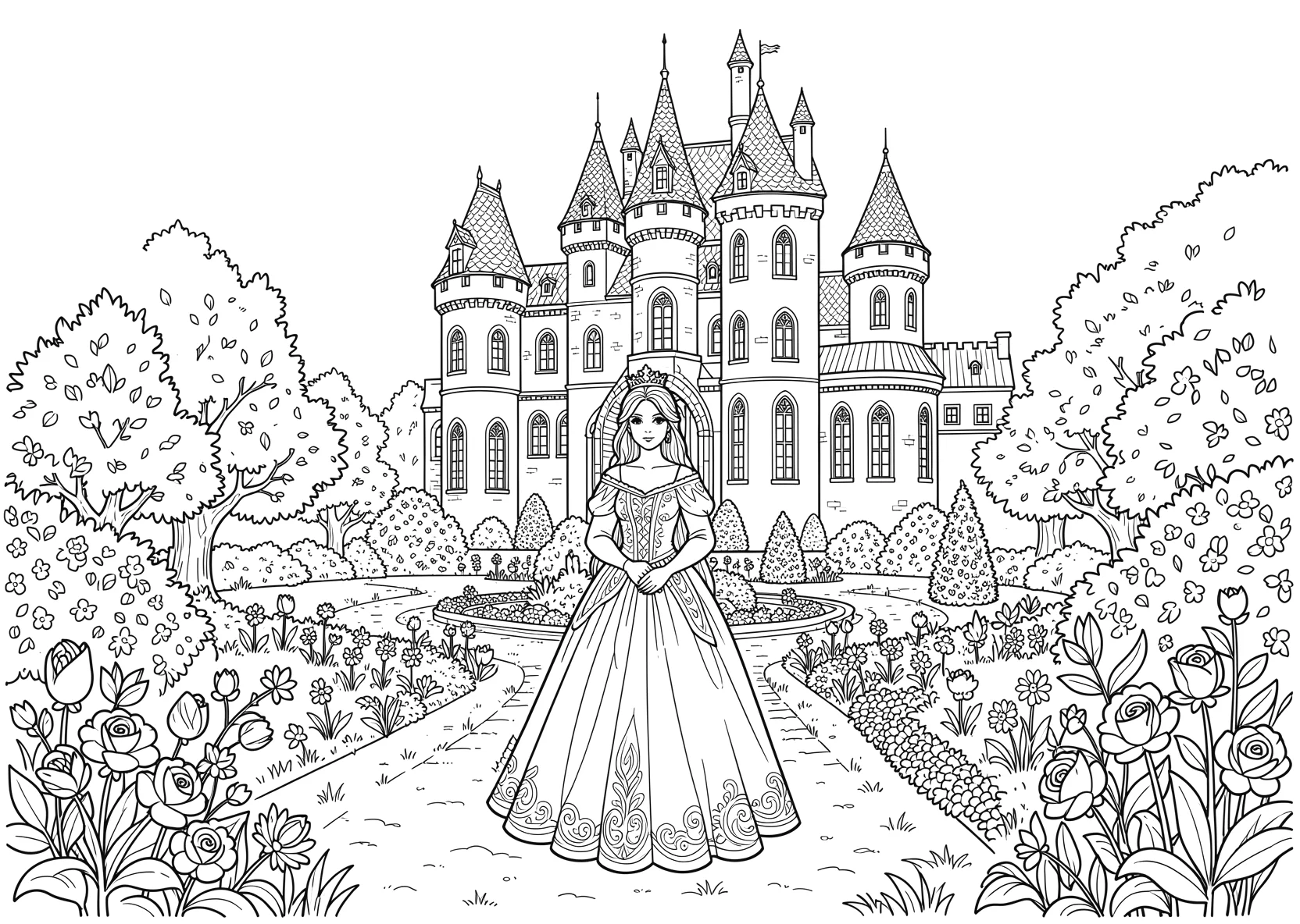 Ausmalbild Prinzessin vor einem Schloss mit Garten - Ausmalbild aus der Kategorie Maerchen - kostenlos ausdrucken