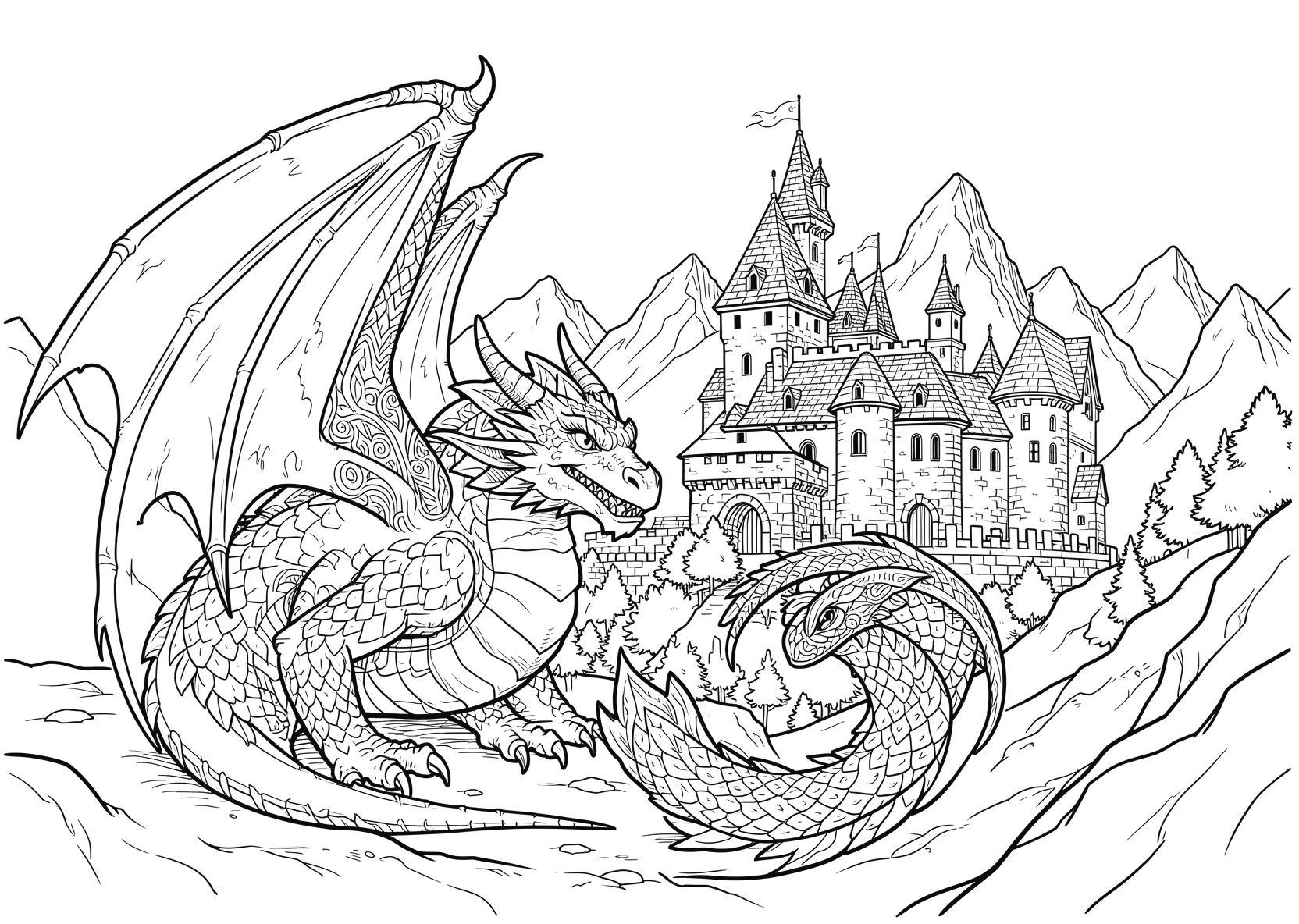 Ausmalbild Drache vor einer Burg mit Bergen - Ausmalbild aus der Kategorie Maerchen - kostenlos ausdrucken