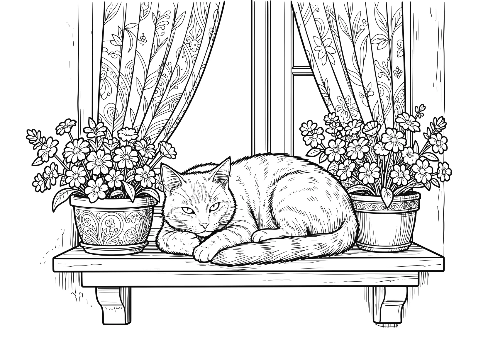 Ausmalbild Katze schläft auf einem Fensterbrett mit - Ausmalbild aus der Kategorie Tiere - kostenlos ausdrucken