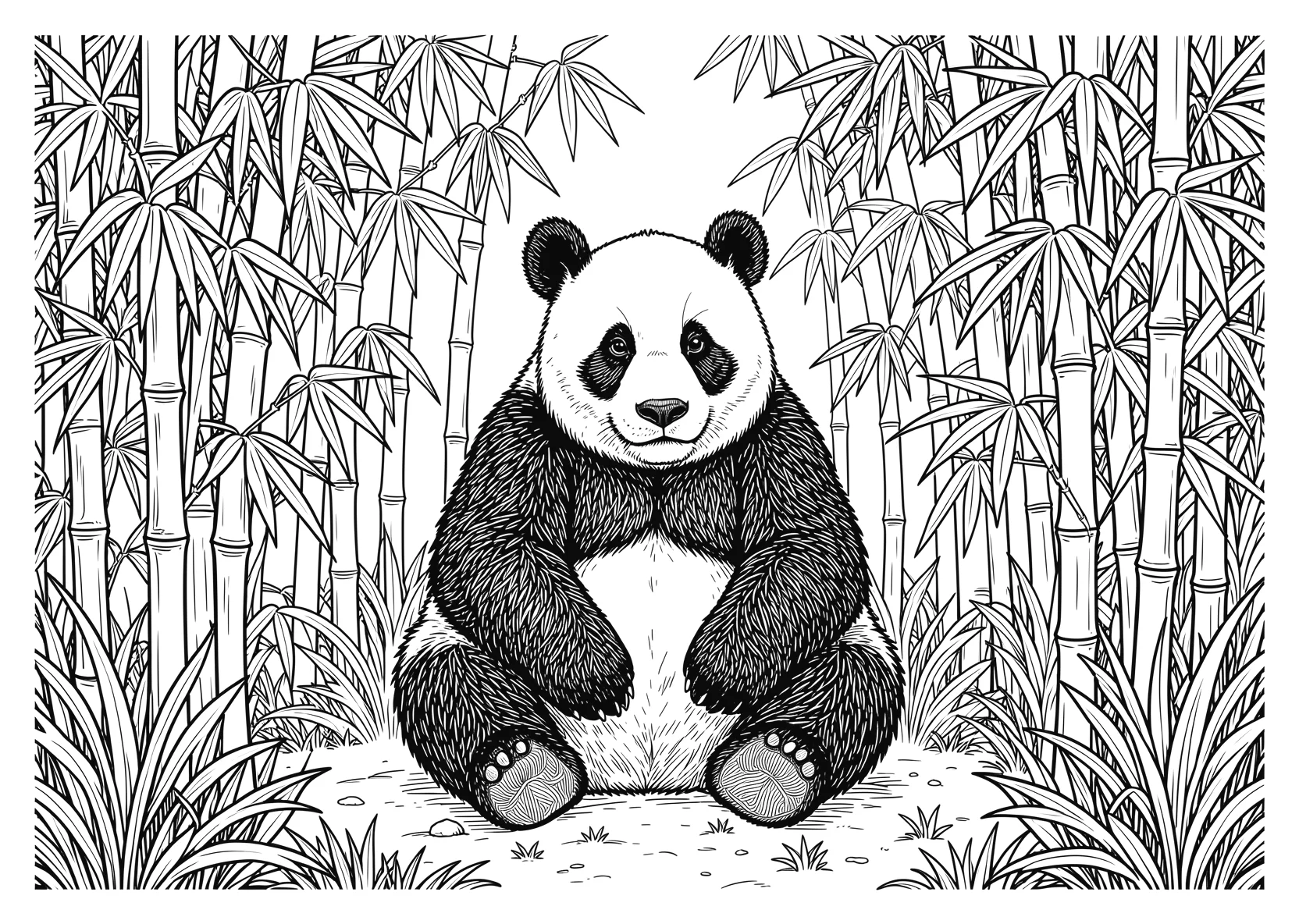 Ausmalbild Panda sitzt im Bambuswald mit vielen - Ausmalbild aus der Kategorie Tiere - kostenlos ausdrucken