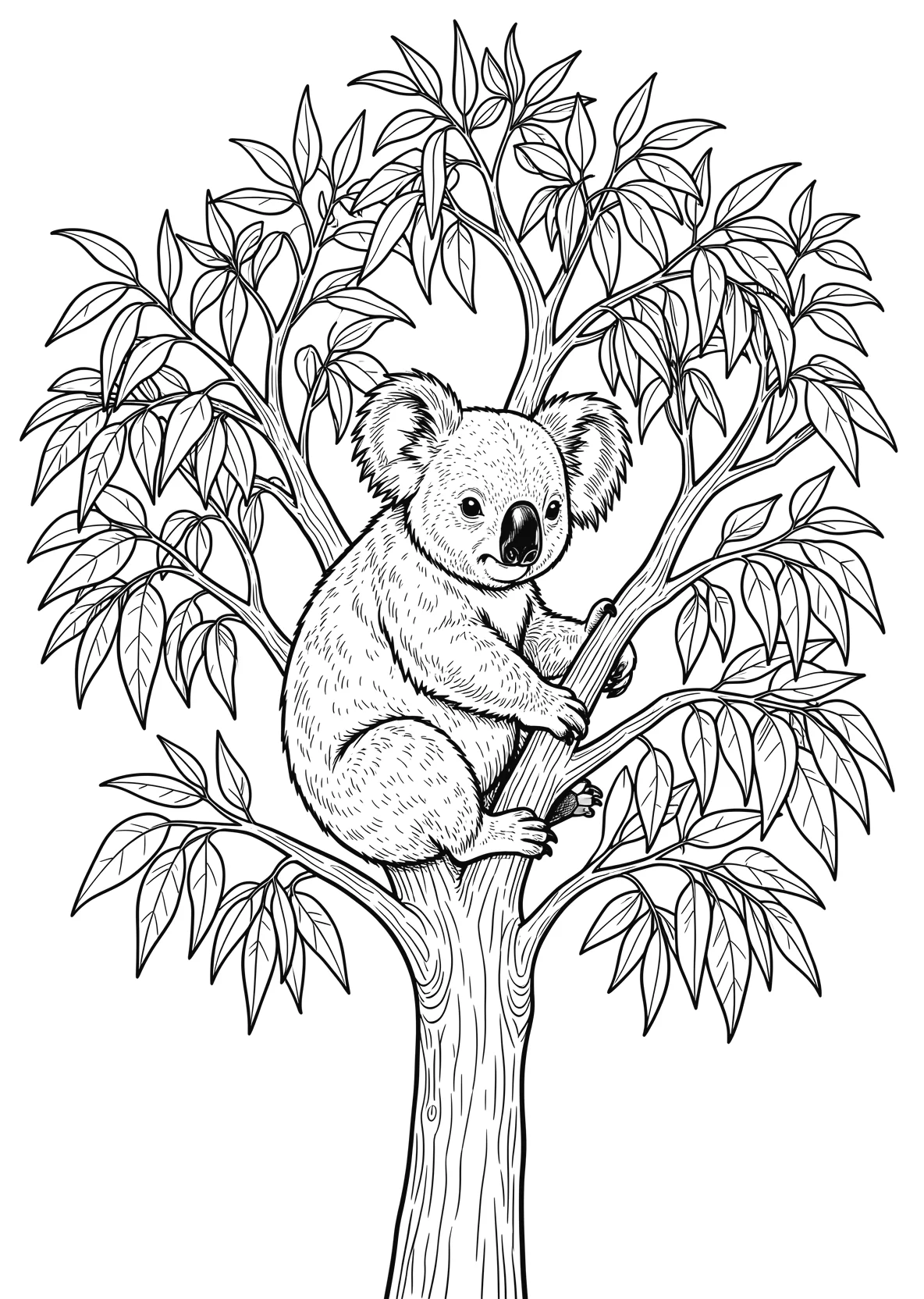 Ausmalbild Koala sitzt auf einem Eukalyptusbaum mit Blättern - Ausmalbild aus der Kategorie Tiere - kostenlos ausdrucken