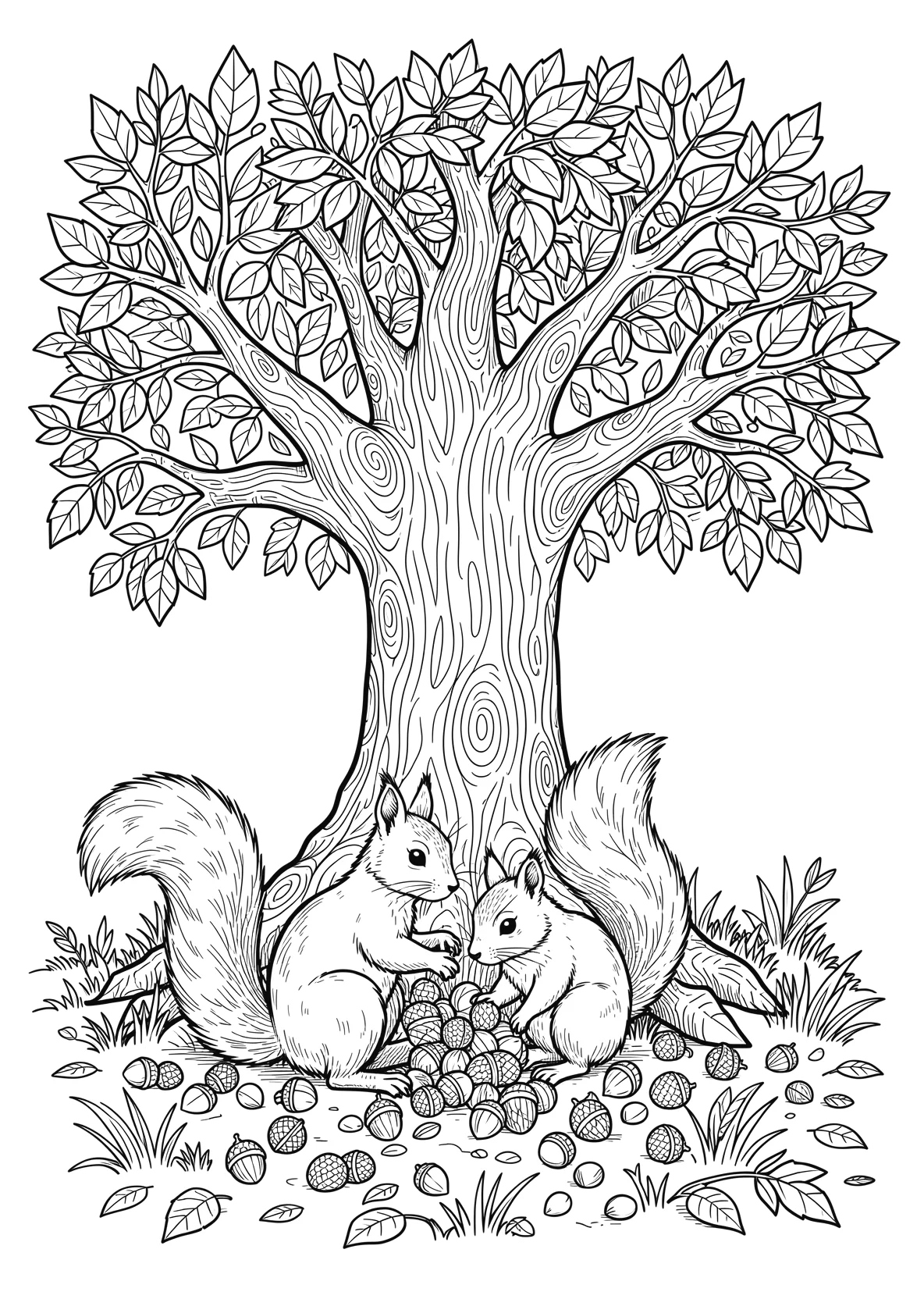 Ausmalbild Eichhörnchen sammelt Nüsse unter einem großen - Ausmalbild aus der Kategorie Natur - kostenlos ausdrucken