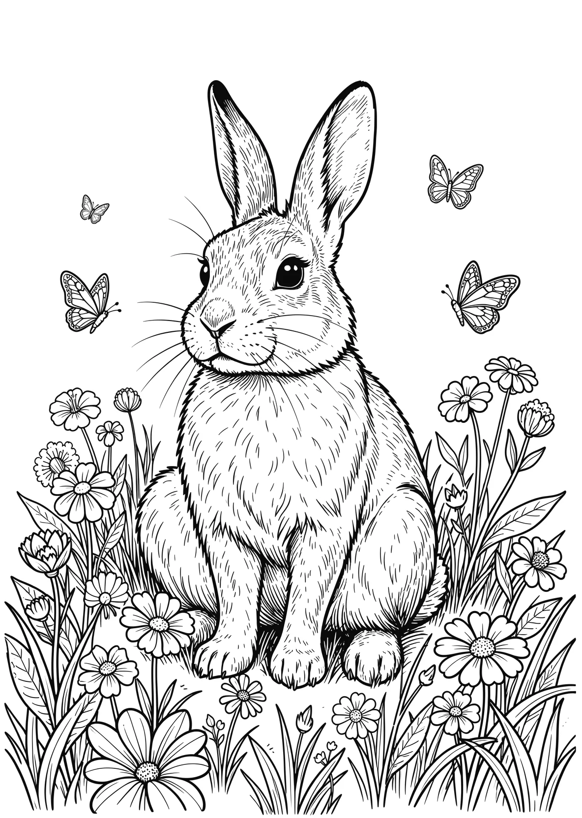 Ausmalbild Hase sitzt auf einer Wiese mit Blumen - Ausmalbild aus der Kategorie Tiere - kostenlos ausdrucken