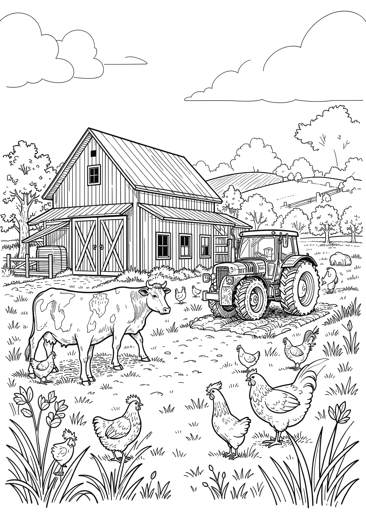 Ausmalbild Bauernhof mit Scheune - Ausmalbild aus der Kategorie Tiere - kostenlos ausdrucken