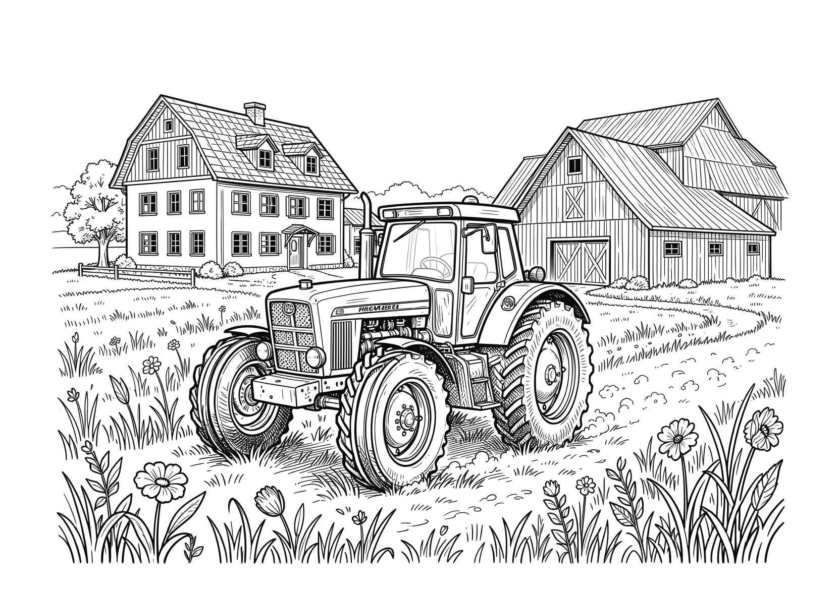 Ausmalbild Traktor fährt über ein Feld mit Bauernhaus - Ausmalbild aus der Kategorie Fahrzeuge - kostenlos ausdrucken