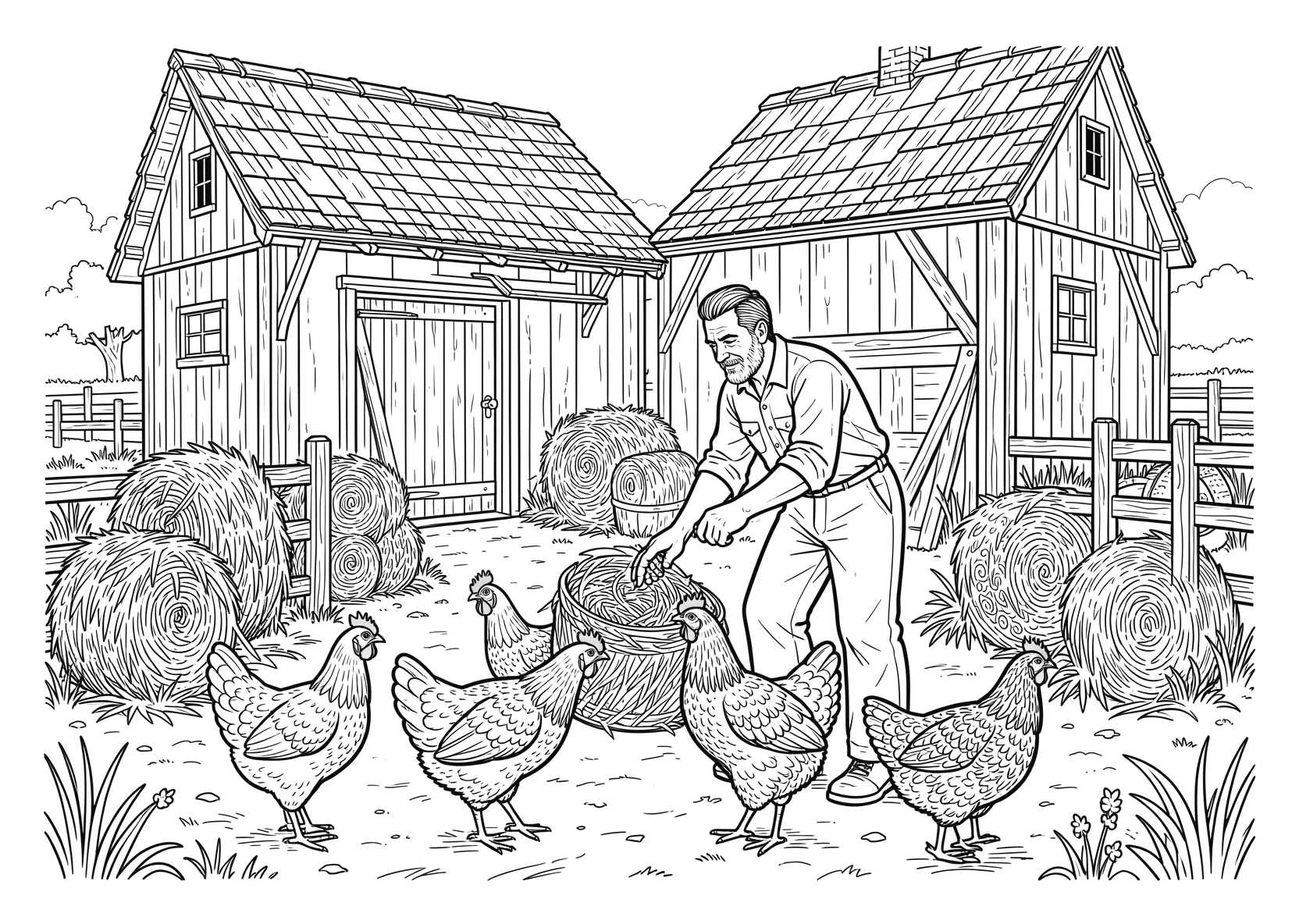 Ausmalbild Bauer füttert Hühner vor einer Scheune mit Zaun - Ausmalbild aus der Kategorie Tiere - kostenlos ausdrucken