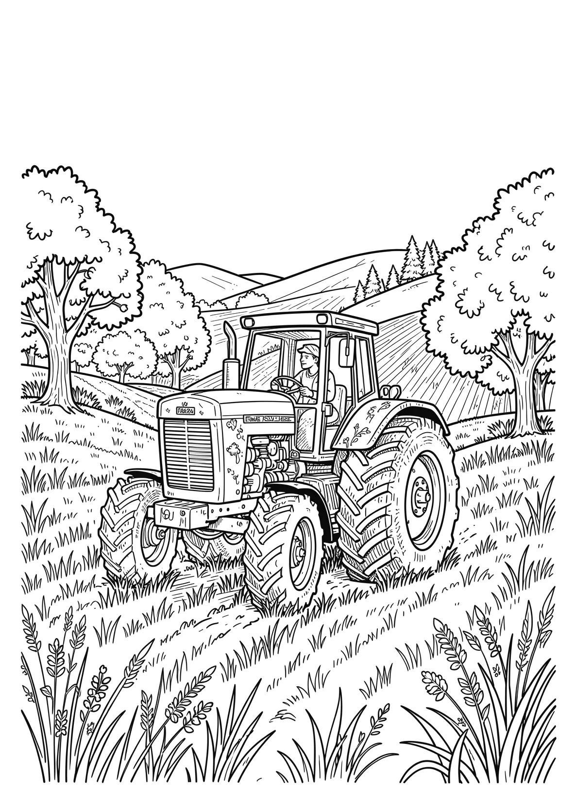 Ausmalbild Bauer fährt einen Traktor über ein Feld mit Bäumen - Ausmalbild aus der Kategorie Fahrzeuge - kostenlos ausdrucken