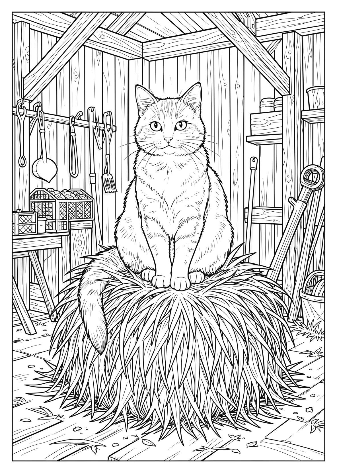 Ausmalbild Katze sitzt auf einem Heuballen in einer Scheune - Ausmalbild aus der Kategorie Tiere - kostenlos ausdrucken